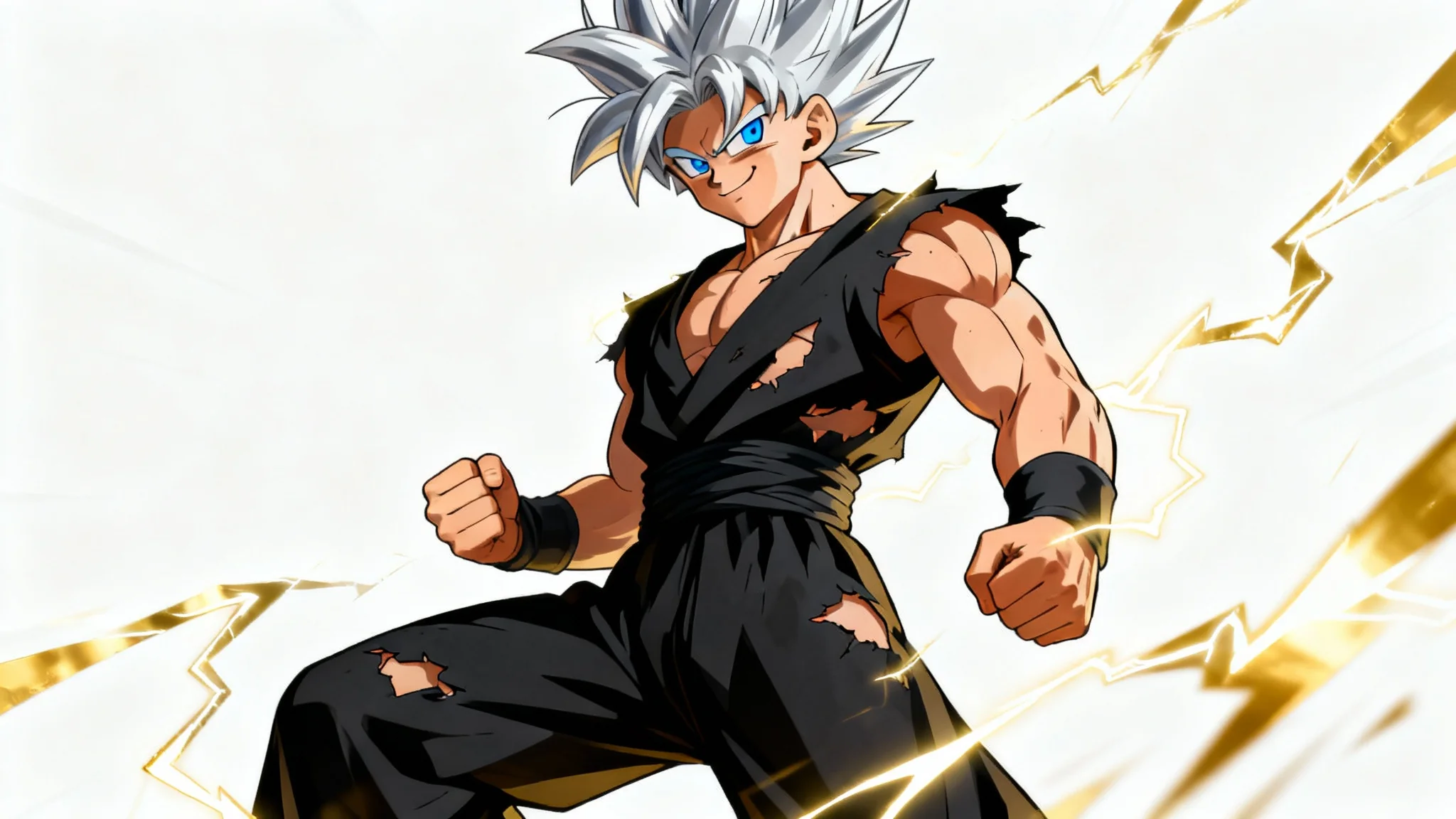 A powerful male anime character with spiky silver hair and glowing golden energy crackling around him, standing against a white background.
