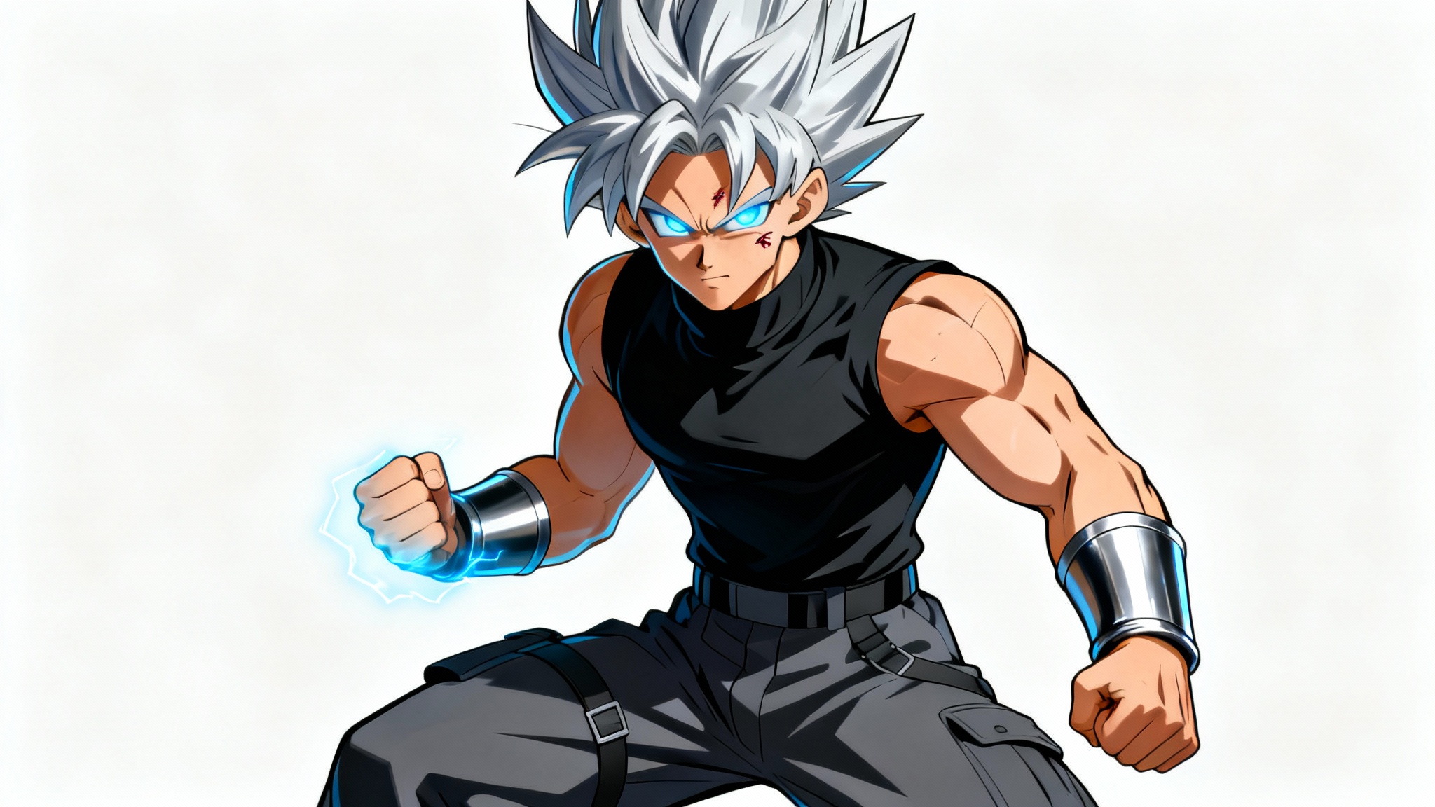 A full-body anime illustration of a strong male character with silver hair and glowing blue eyes, posed in a dynamic fighting stance against a plain white background. He is muscular and wears a black sleeveless outfit, with blue energy crackling around his clenched fist.
