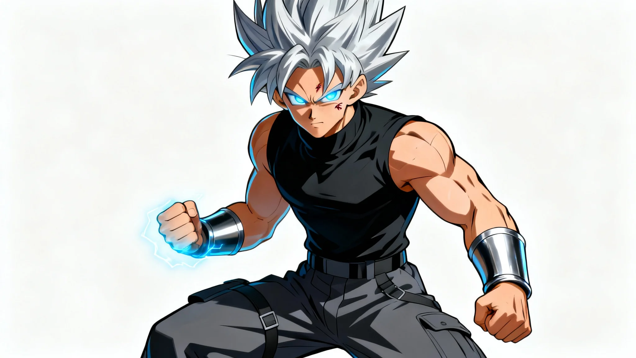 A full-body anime illustration of a strong male character with silver hair and glowing blue eyes, posed in a dynamic fighting stance against a plain white background. He is muscular and wears a black sleeveless outfit, with blue energy crackling around his clenched fist.
