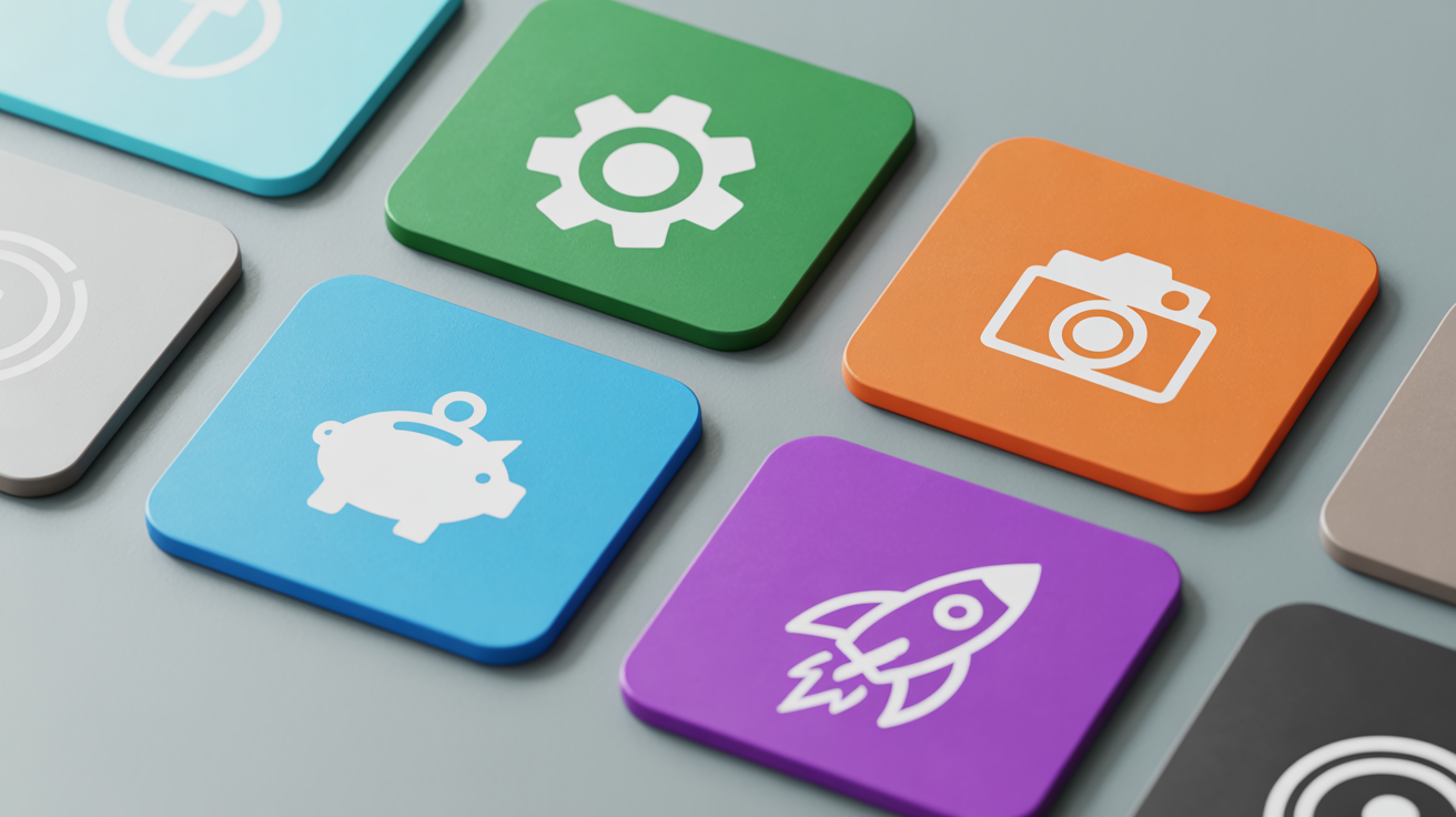 A collection of colorful, custom-designed folder icons for projects, photos, and finance, displayed in a clean grid format.