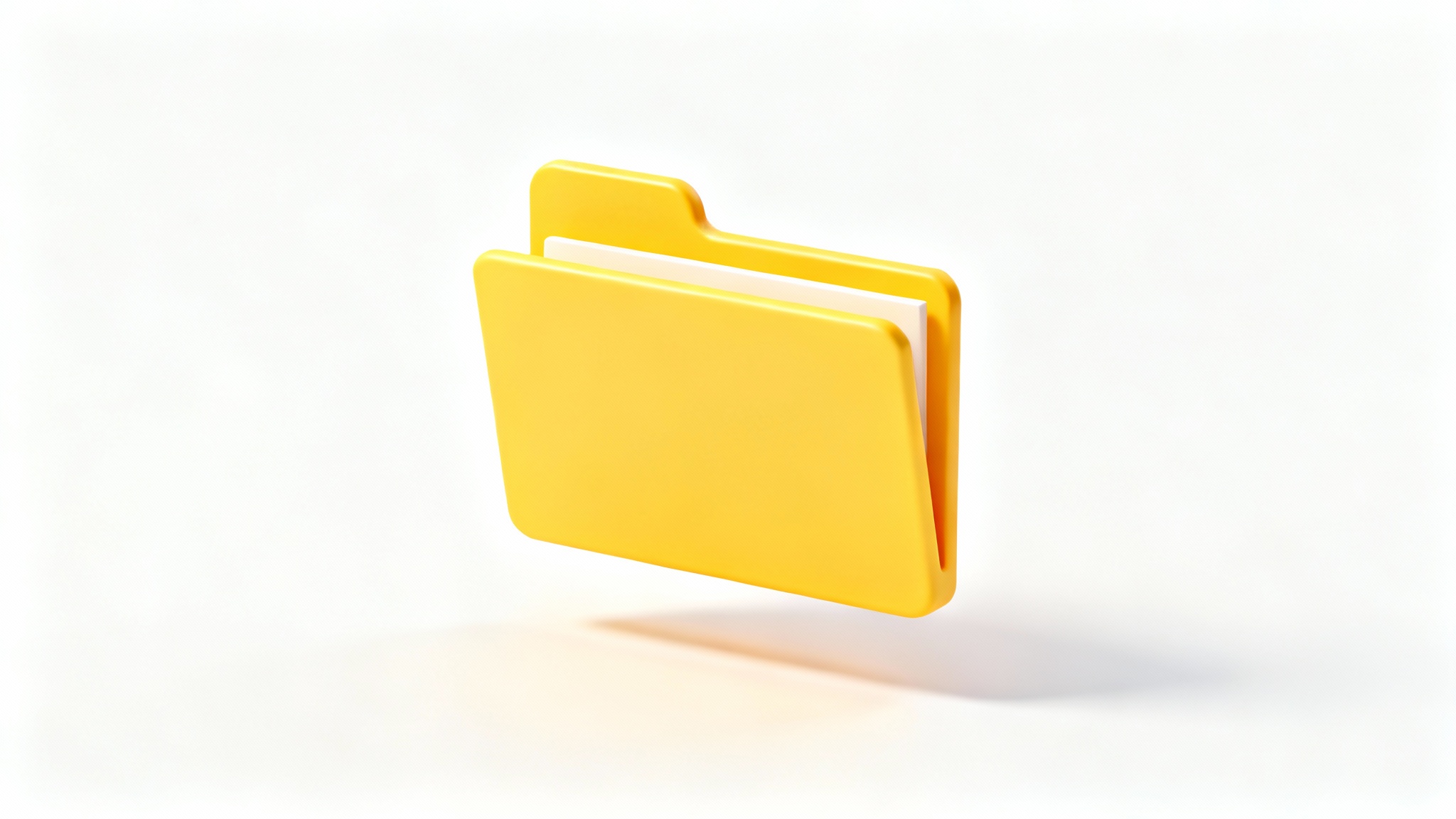 A stylized 3D render of a bright yellow folder icon, representing digital organization and file storage, set against a clean white background.