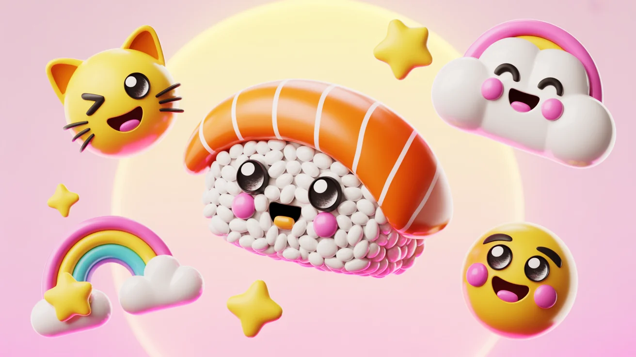 A collection of cute kawaii-style emojis, including a cat, a cloud with a rainbow, and sushi, arranged dynamically on a clean light pink background, representing a finished design.