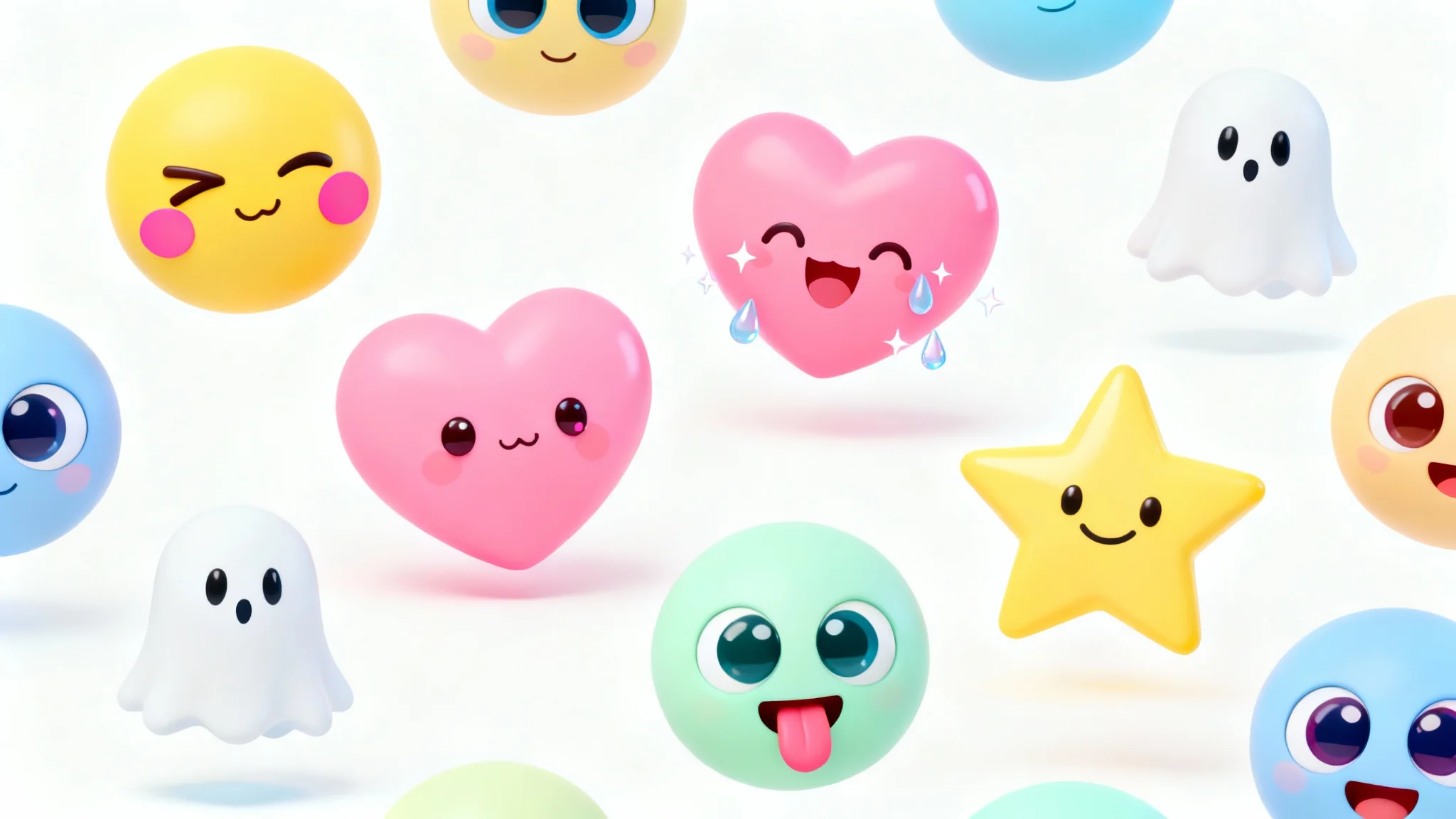 A colorful assortment of cute, Japanese-style kawaii emojis with expressive faces, including a winking face and a heart with eyes, scattered on a plain white background.