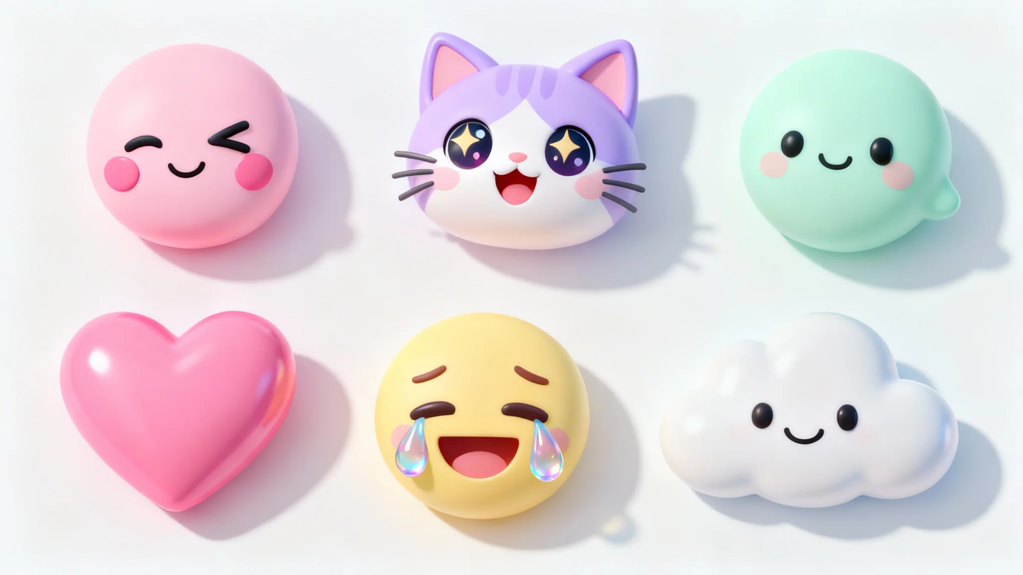A collection of cute 3D kawaii-style emojis, including a winking face, a cat, and a heart, rendered in soft pastel colors on a clean white background.