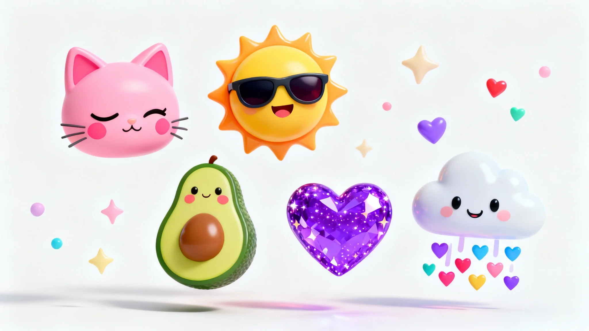 A collection of cute 3D kawaii emojis, including a winking cat, a smiling sun, and a blushing avocado, floating against a clean white background.