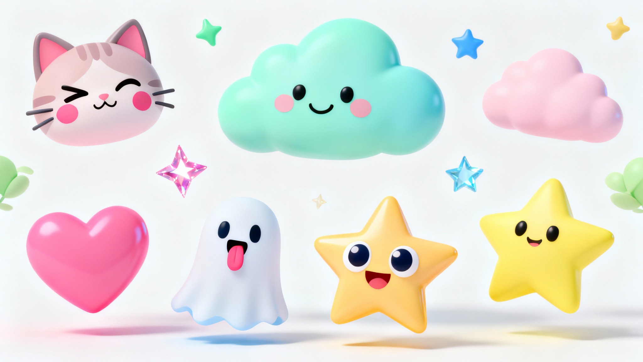 An assortment of cute, 3D kawaii emojis, including a winking cat and a smiling cloud, displayed on a clean white background.