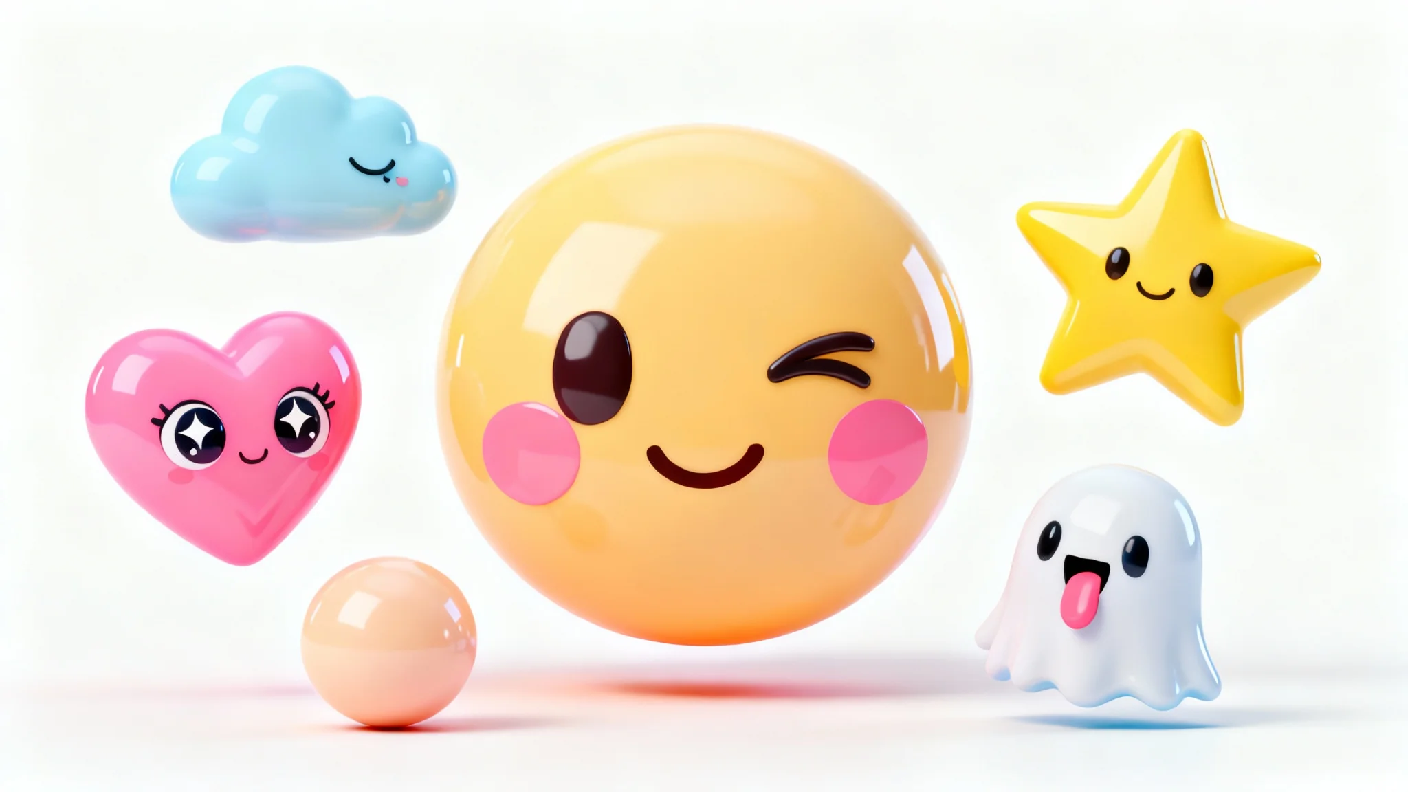 A collection of cute 3D kawaii emojis, including a winking face, a happy heart, and a sleepy cloud, displayed on a clean white background.