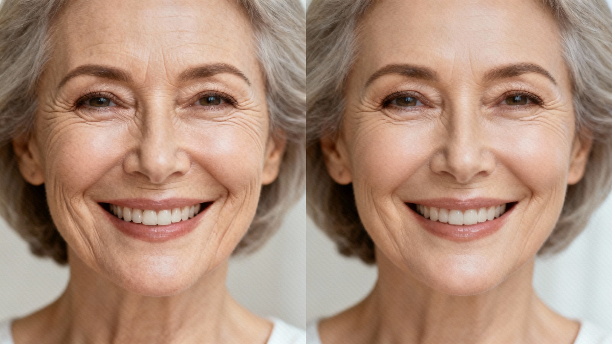 A before-and-after close-up of a woman's face demonstrating a wrinkle remover effect. The left half shows her natural wrinkles, and the right half shows the same face with smooth, retouched skin.