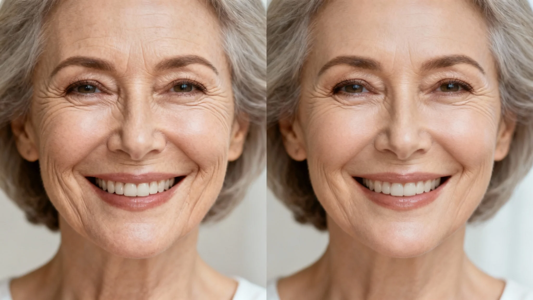 A before-and-after close-up of a woman's face demonstrating a wrinkle remover effect. The left half shows her natural wrinkles, and the right half shows the same face with smooth, retouched skin.