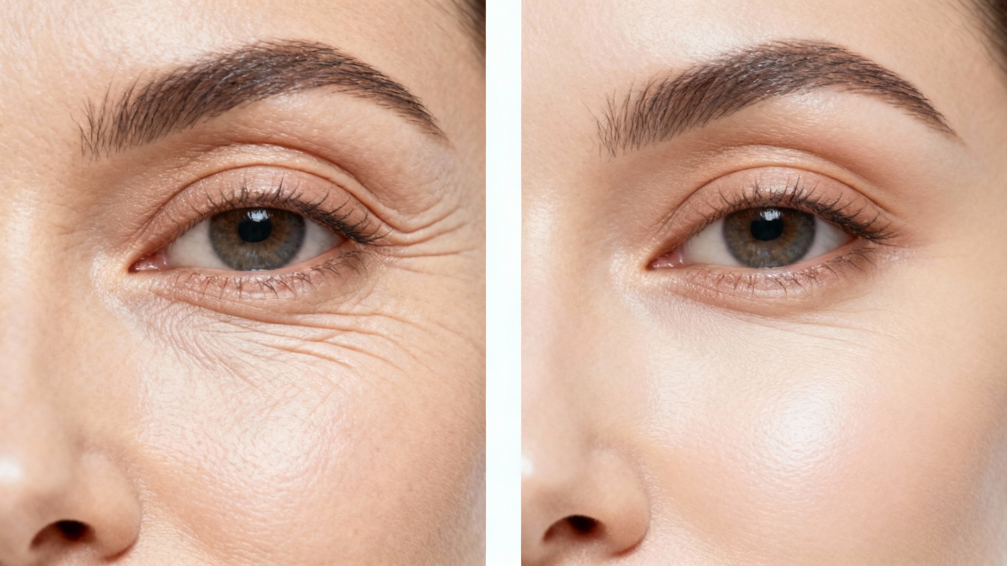 A before-and-after close-up of skin around the eye. The left half shows wrinkles, and the right half shows smooth, firm skin, illustrating the effect of a wrinkle remover.
