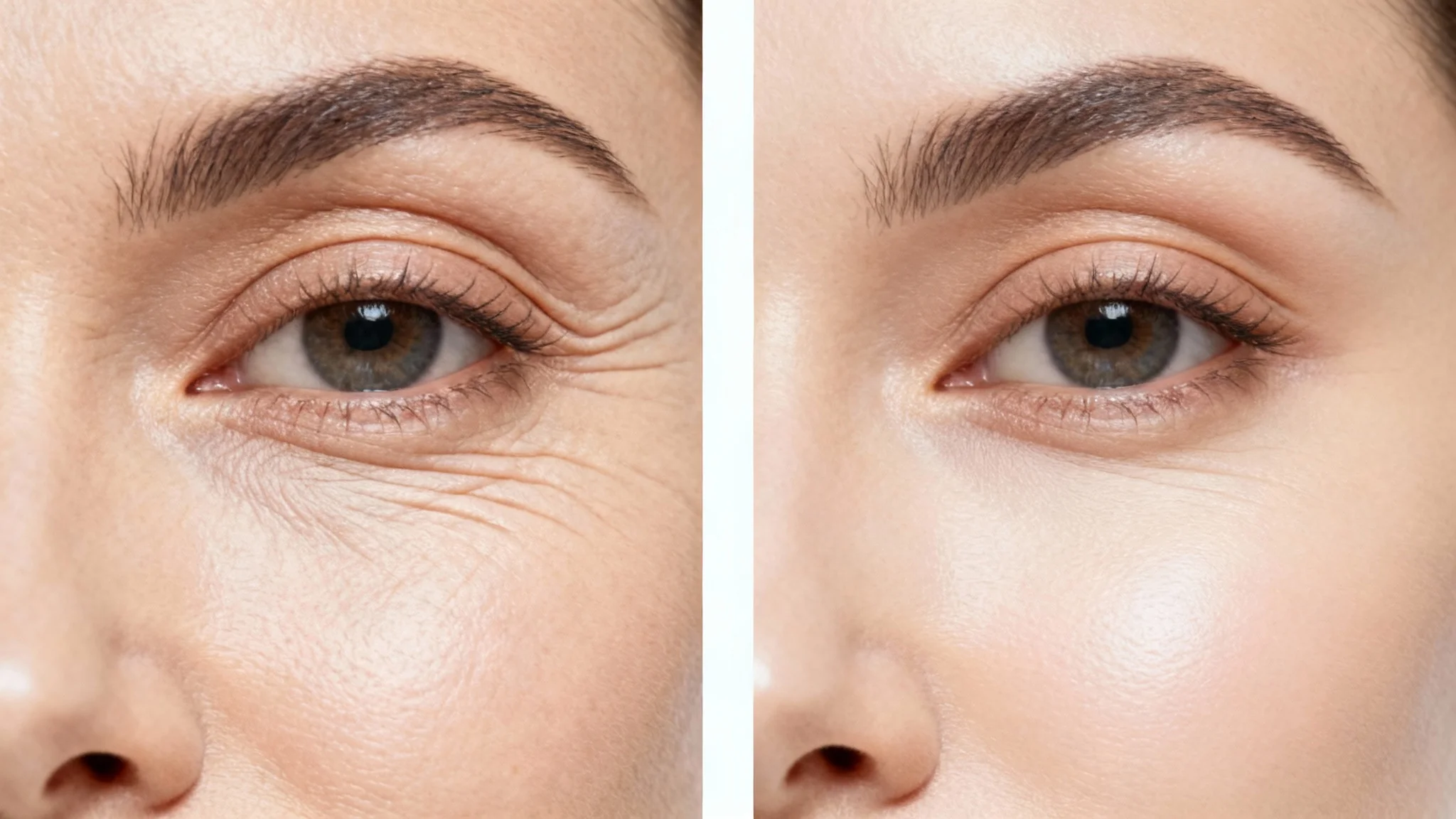 A before-and-after close-up of skin around the eye. The left half shows wrinkles, and the right half shows smooth, firm skin, illustrating the effect of a wrinkle remover.