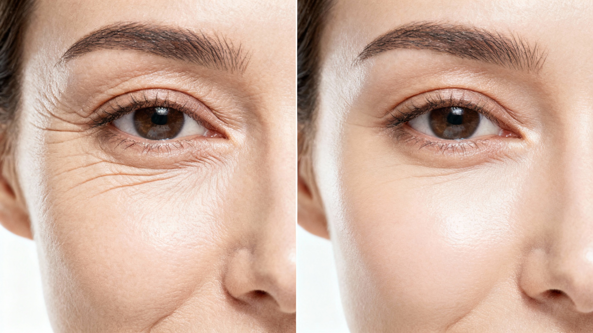A close-up, split-screen comparison showing the effect of a wrinkle remover. The left panel displays wrinkled skin, while the right panel shows the same skin as smooth and youthful.