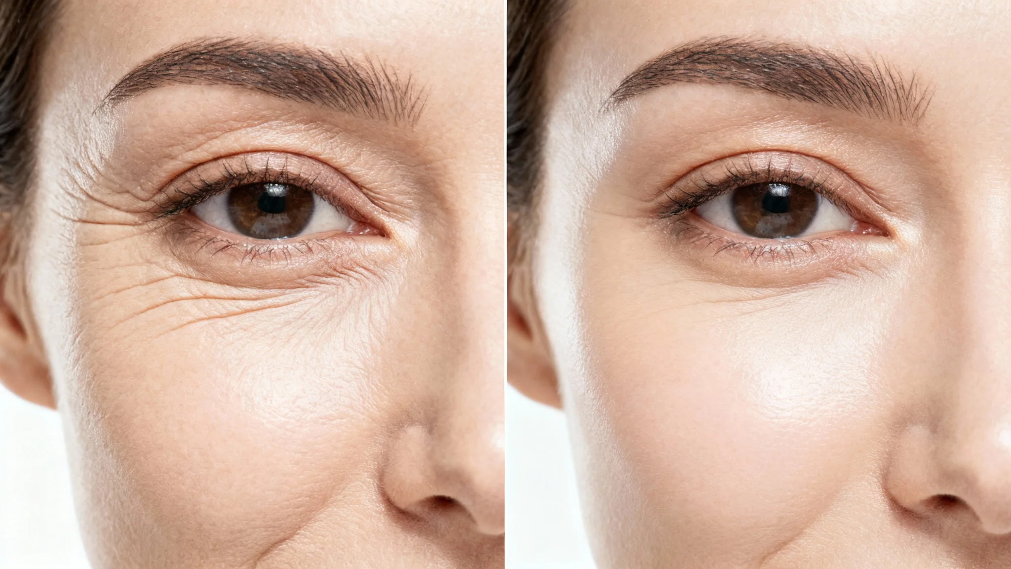A close-up, split-screen comparison showing the effect of a wrinkle remover. The left panel displays wrinkled skin, while the right panel shows the same skin as smooth and youthful.