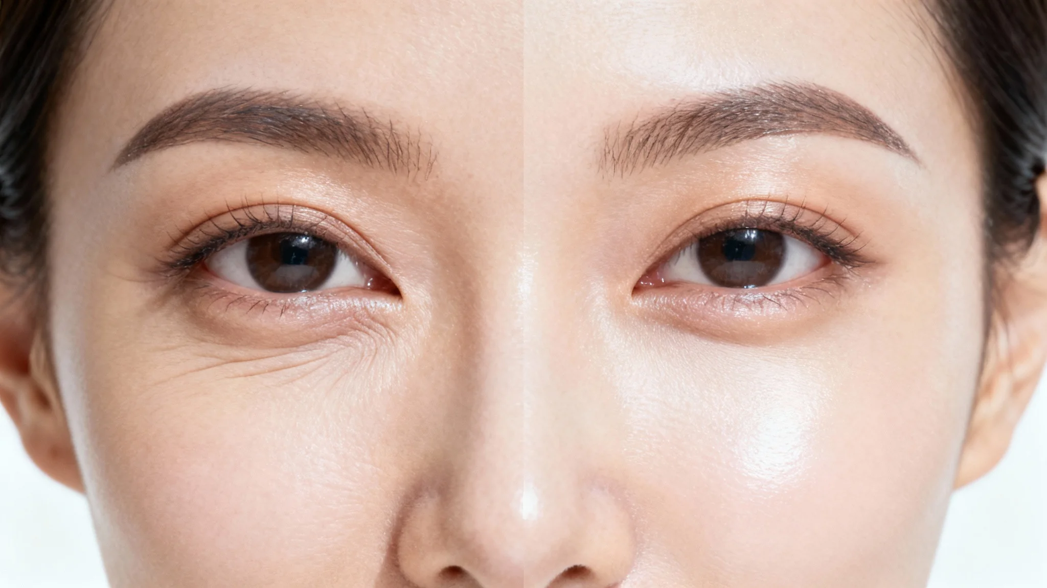 A close-up, split-image demonstrating a wrinkle remover's effect. The left side shows skin with fine lines, while the right side is visibly smoother and plumper.