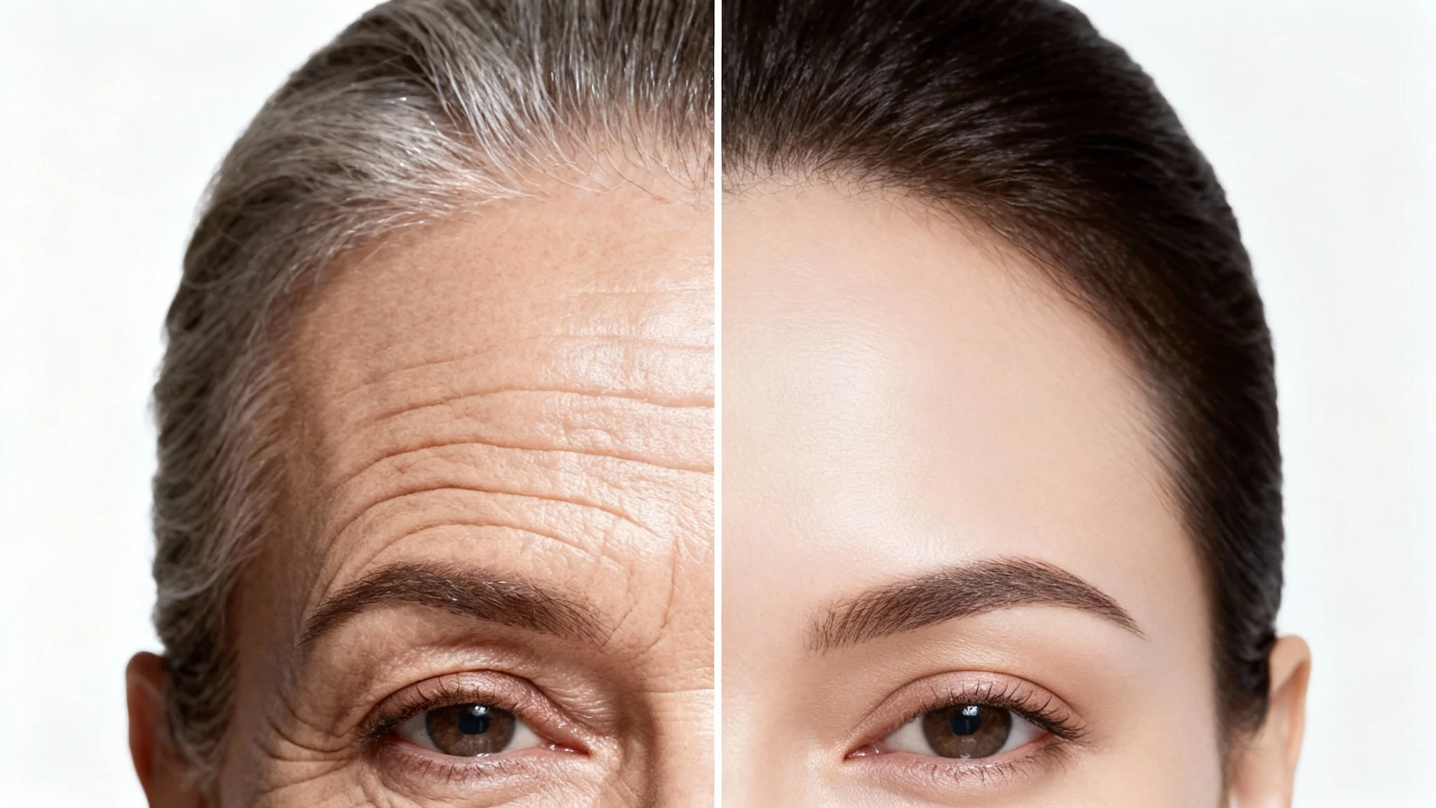 A close-up, split-screen image demonstrating a wrinkle remover. The left half shows a forehead with visible wrinkles, and the right half shows the same forehead as smooth and wrinkle-free.