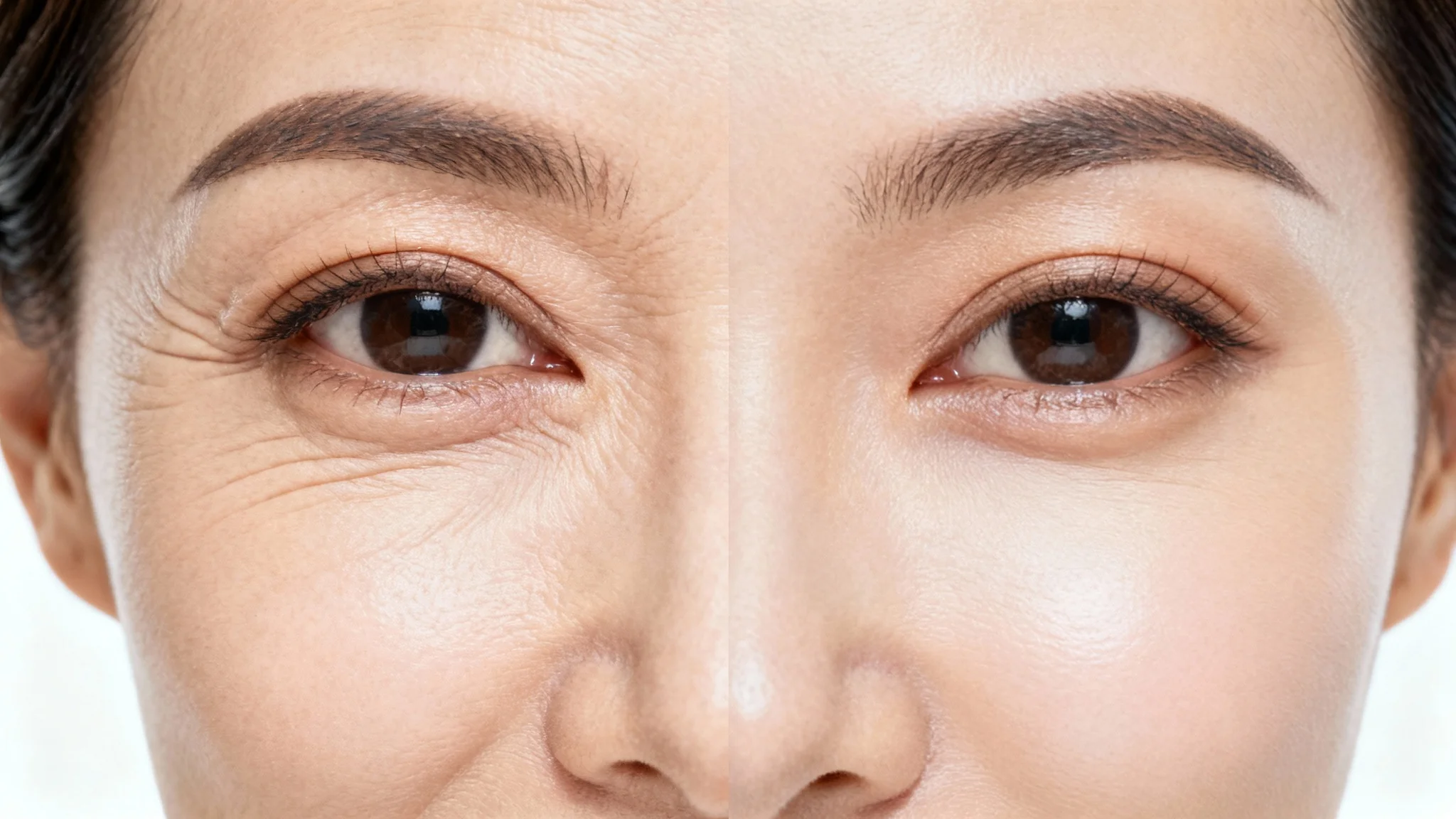 A close-up, split-screen image demonstrating a wrinkle remover's effect. The left half shows an eye with wrinkles, and the right half shows the same eye with smooth, youthful skin.