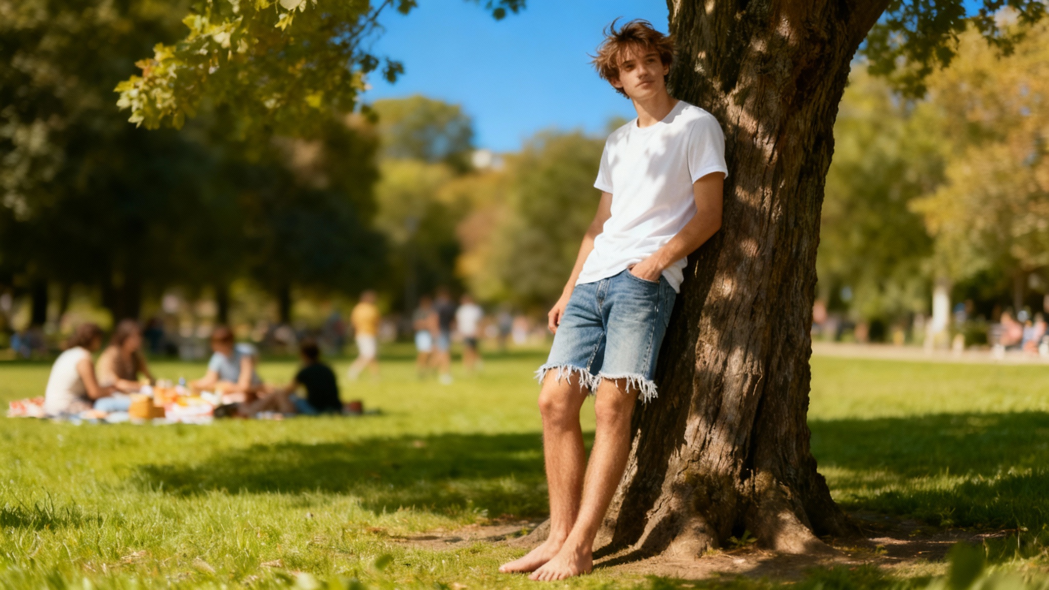 A young man stands in a sunny park, modeling a pair of freshly-cut denim shorts made from old jeans, showing the successful result of the DIY project.
