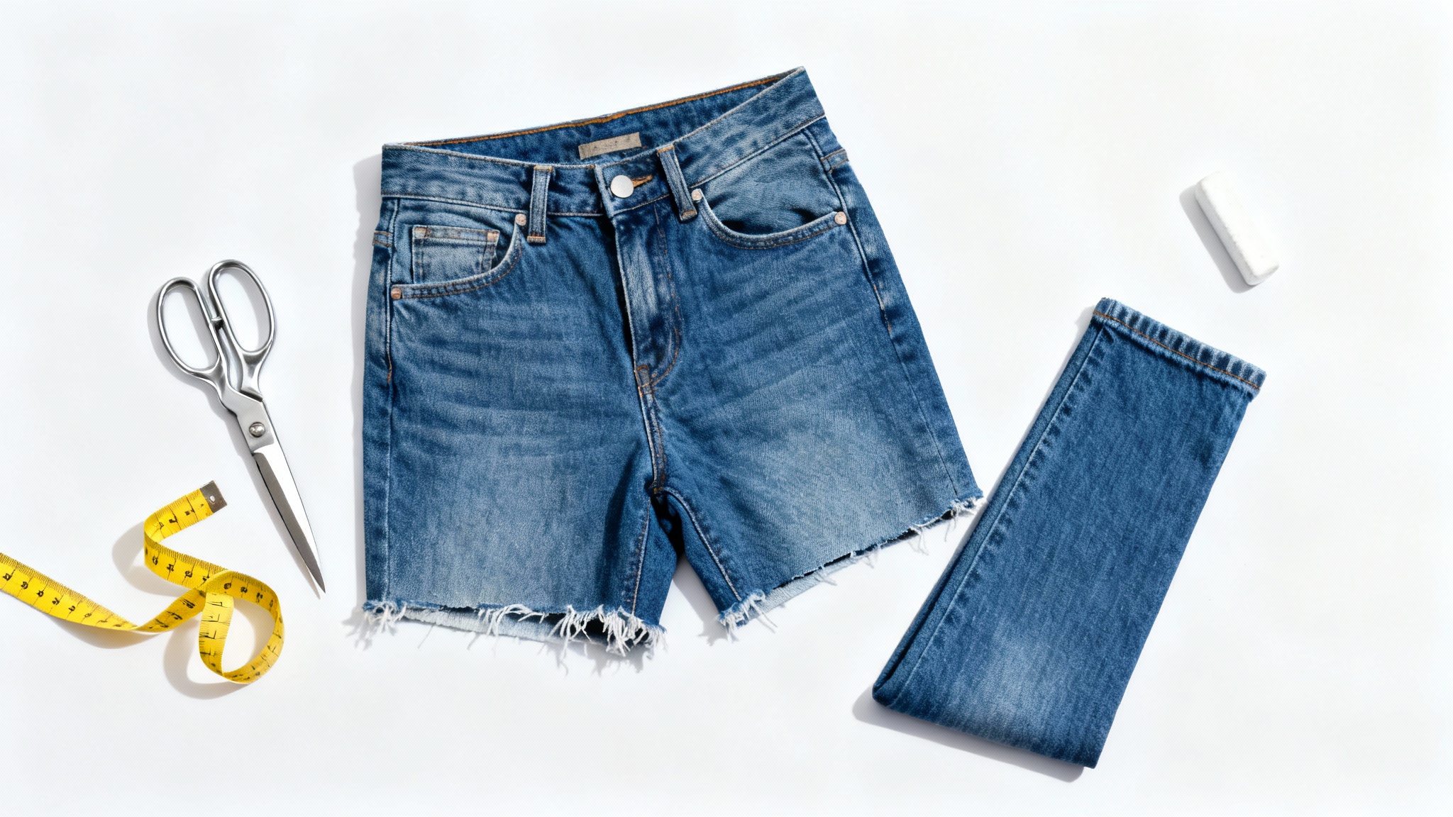 A flat lay image showing a pair of blue jeans being turned into shorts, with one leg cut off and scissors and a measuring tape placed beside them on a white background.