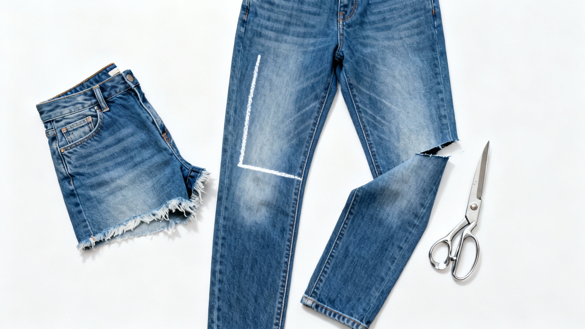 A flat lay view of blue jeans being transformed into shorts. One leg is cut into a frayed short, while silver scissors and a chalk line are visible on the other leg, all on a white background.