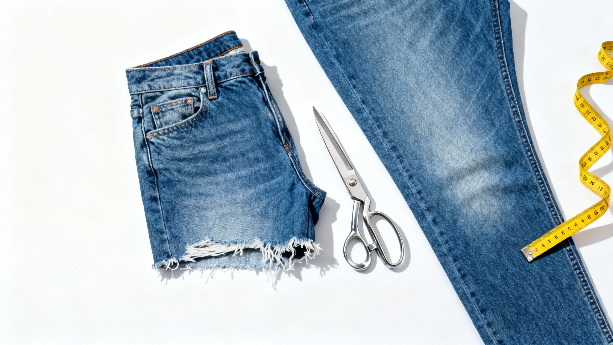 A pair of blue jeans laid flat, with one leg cut into a short and the other still long, next to a pair of scissors and a measuring tape on a white background, illustrating a DIY project.