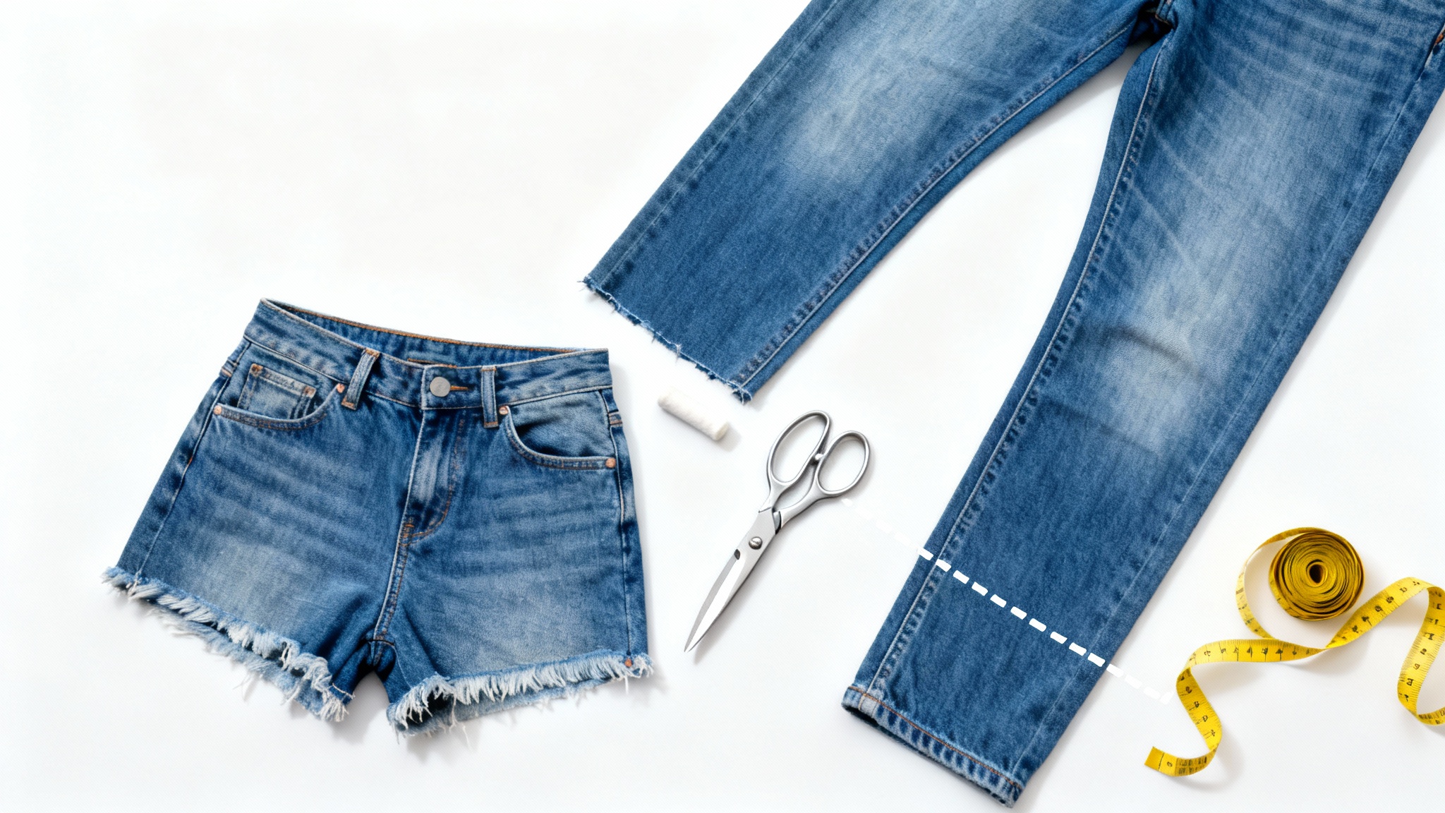 A flat lay image showing a pair of blue jeans being transformed into shorts, with scissors and a measuring tape on a white background.