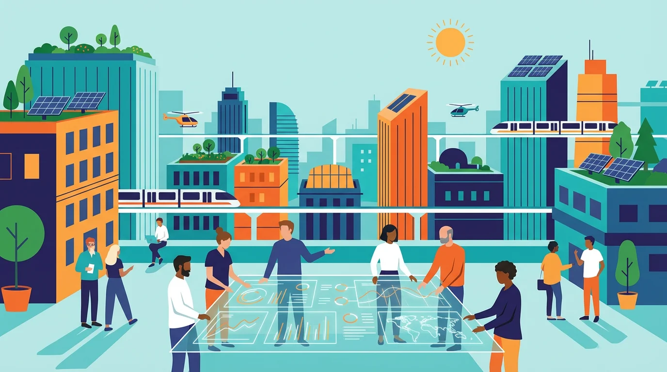 A modern flat illustration of a futuristic, eco-friendly city. In the foreground, a diverse group of people collaborates around a large digital screen, with sleek geometric buildings and green rooftops in the background. The style is minimalist with a bold color palette of teal and orange.