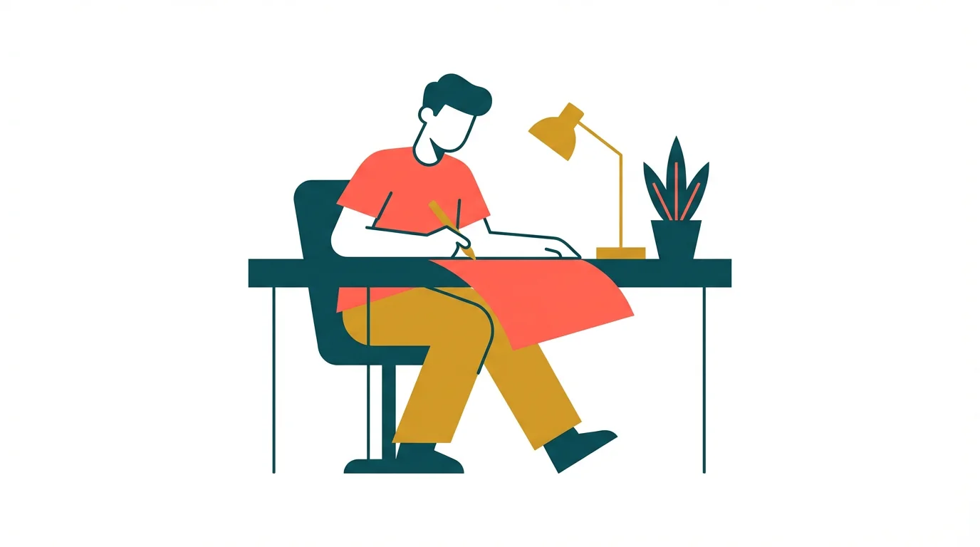 A modern flat illustration of a person at a desk creating art, using a simple, colorful vector style against a clean white background.