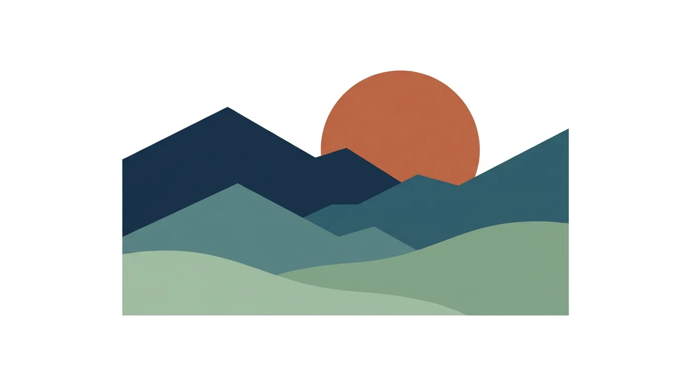A modern flat illustration of a minimalist landscape with blue mountains, green hills, and an orange sun, all depicted with solid colors and clean lines on a white background.