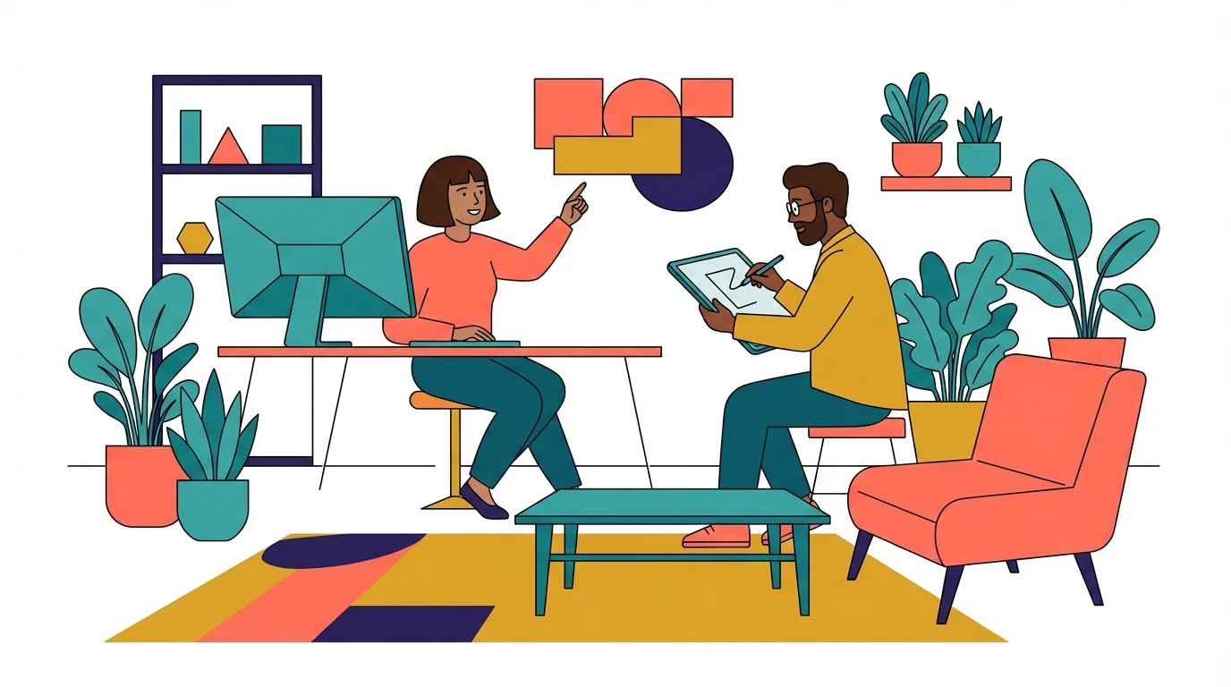 A modern flat illustration of two diverse people collaborating in a creative, minimalist workspace with plants, rendered in a vibrant palette of teal, coral, and yellow.