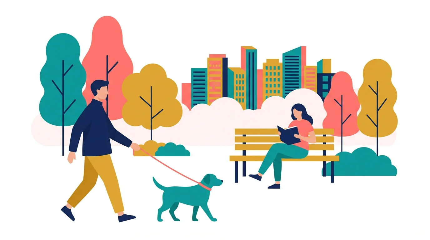 A modern flat illustration of a city park scene with people and a dog, using a color palette of teal, coral, and yellow.