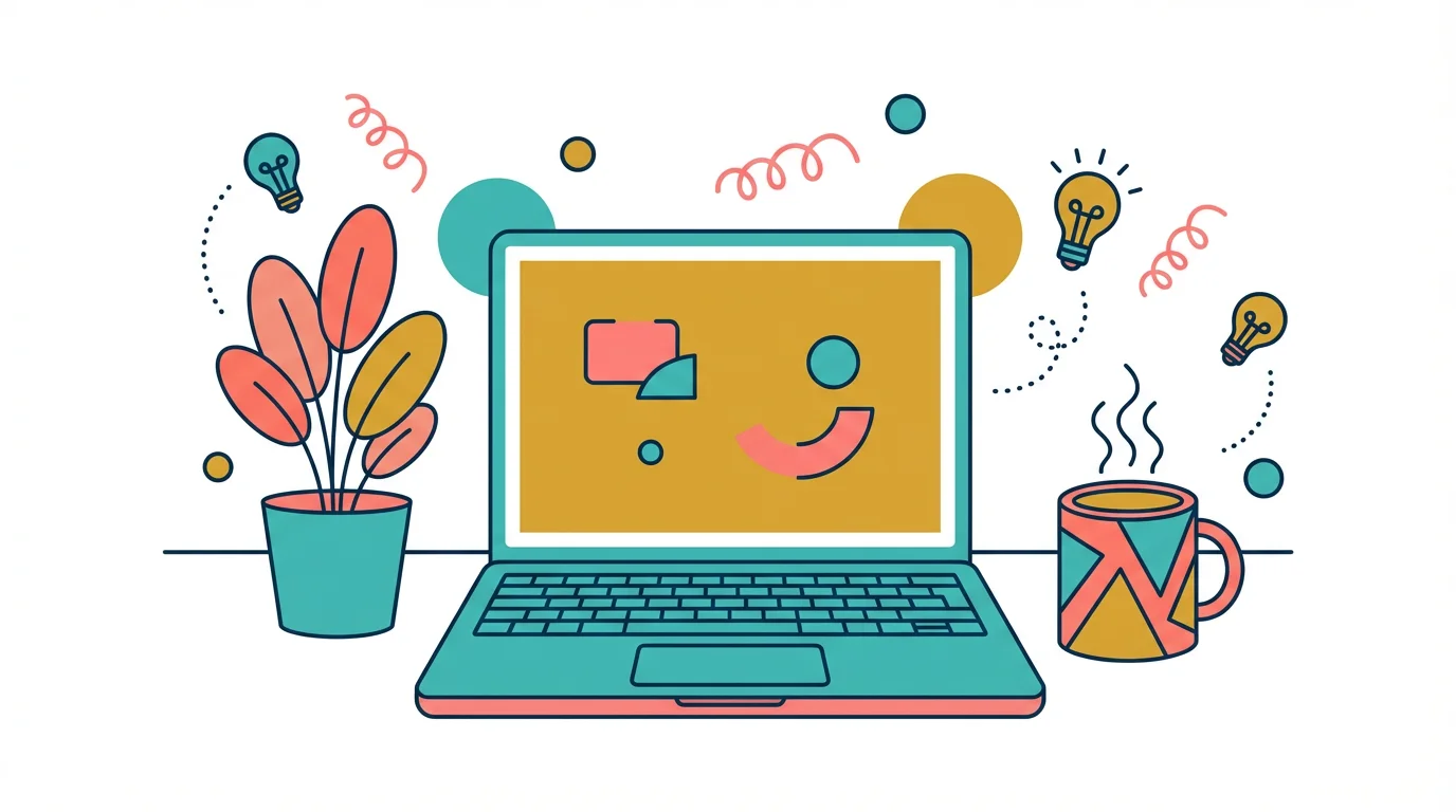 A modern flat illustration of a creative workspace with a laptop, coffee, and plant, using a vibrant color palette of teal, coral, and yellow against a white background.