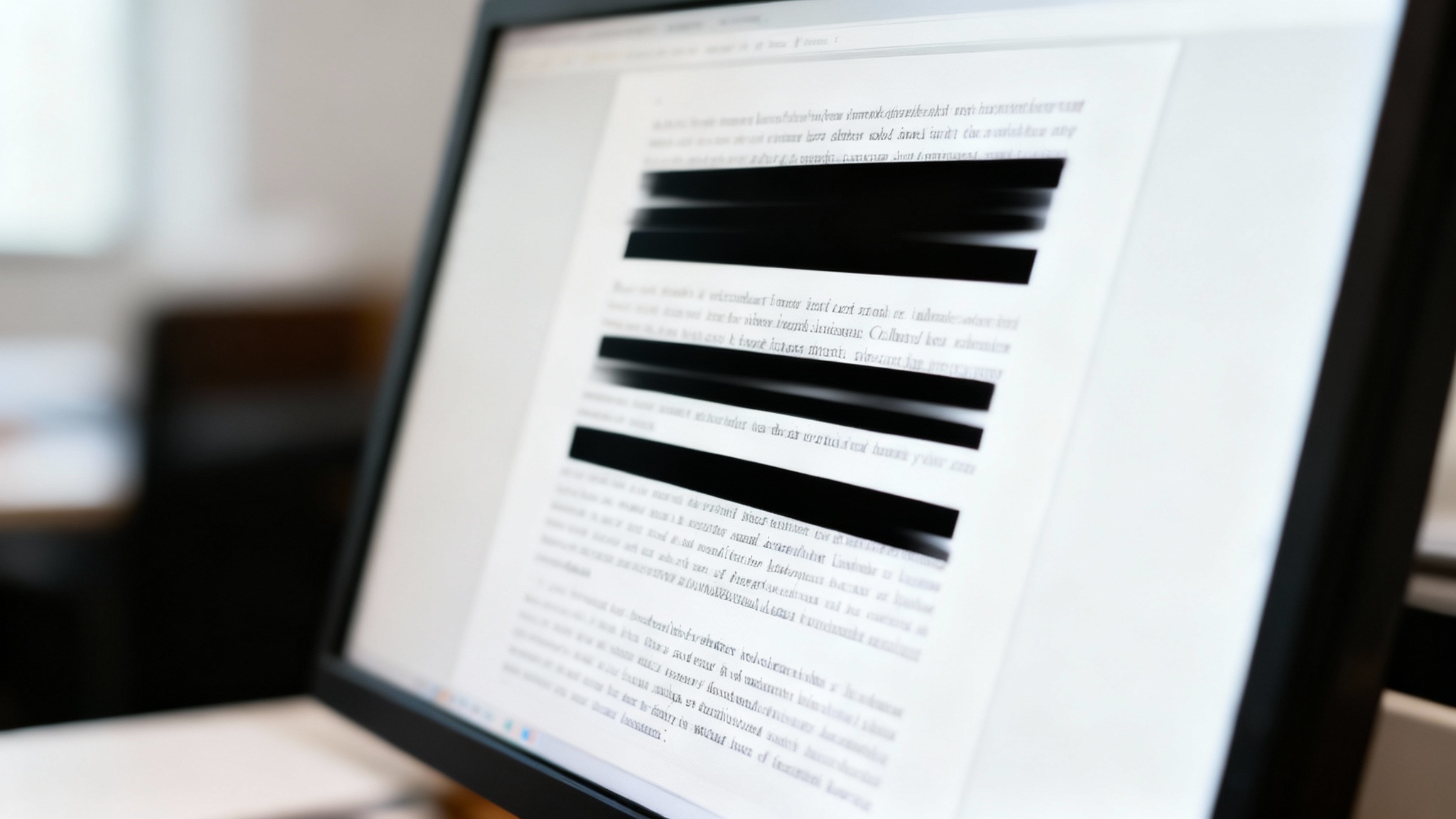 A close-up of a digital document on a computer screen, where sensitive text has been hidden using black redaction bars and blur effects, demonstrating the result of a text redaction tool.
