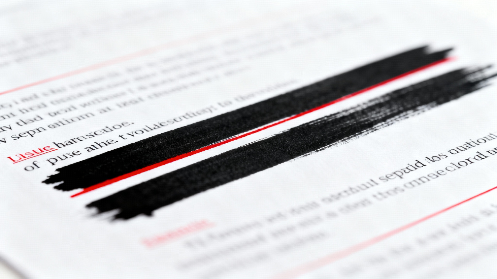 A close-up image of a professional document with sensitive text hidden by black redaction marks, symbolizing data security and redaction.