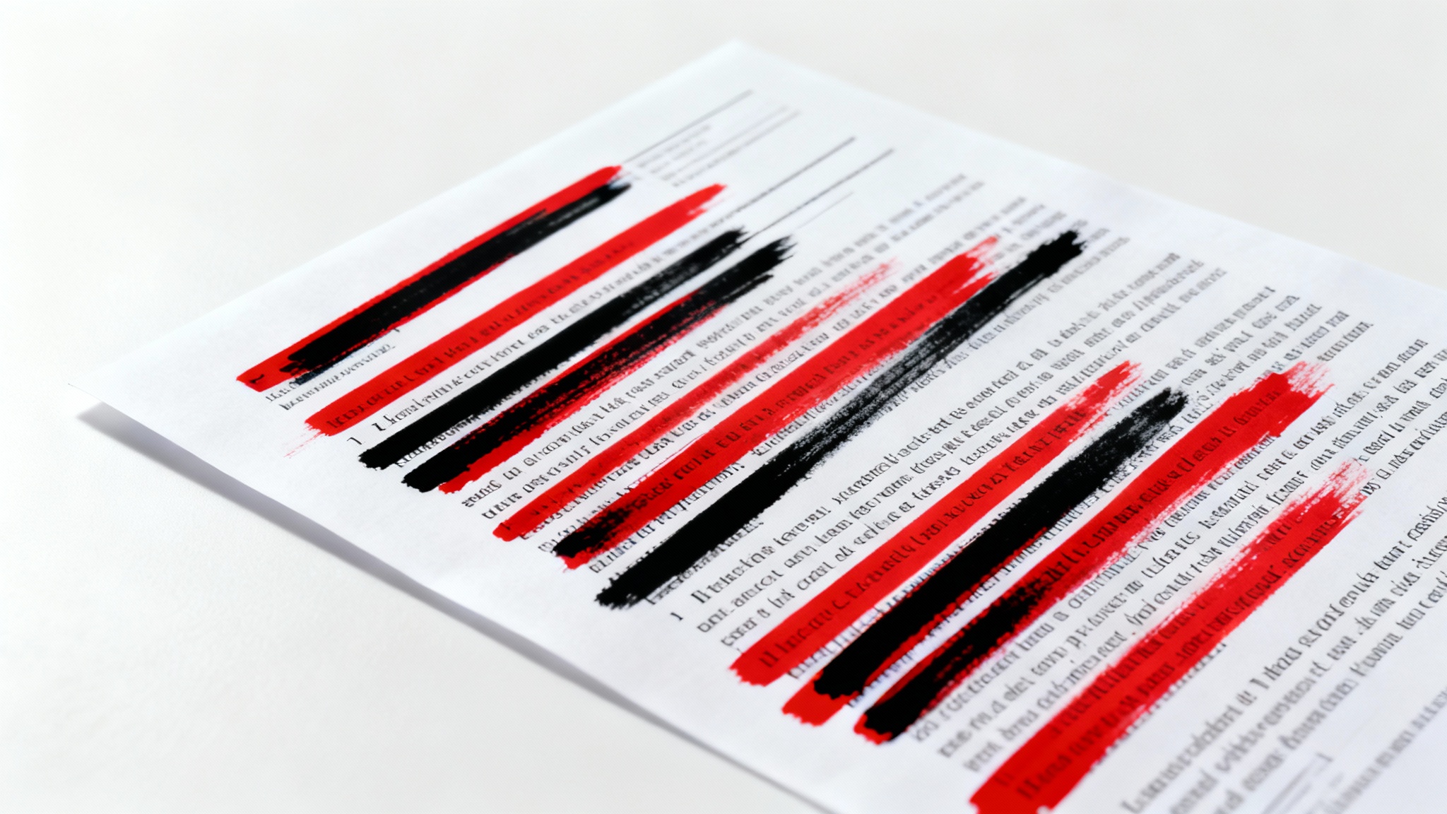A photorealistic image of a document with several lines of text blacked out with a thick marker, symbolizing the redaction of sensitive information.