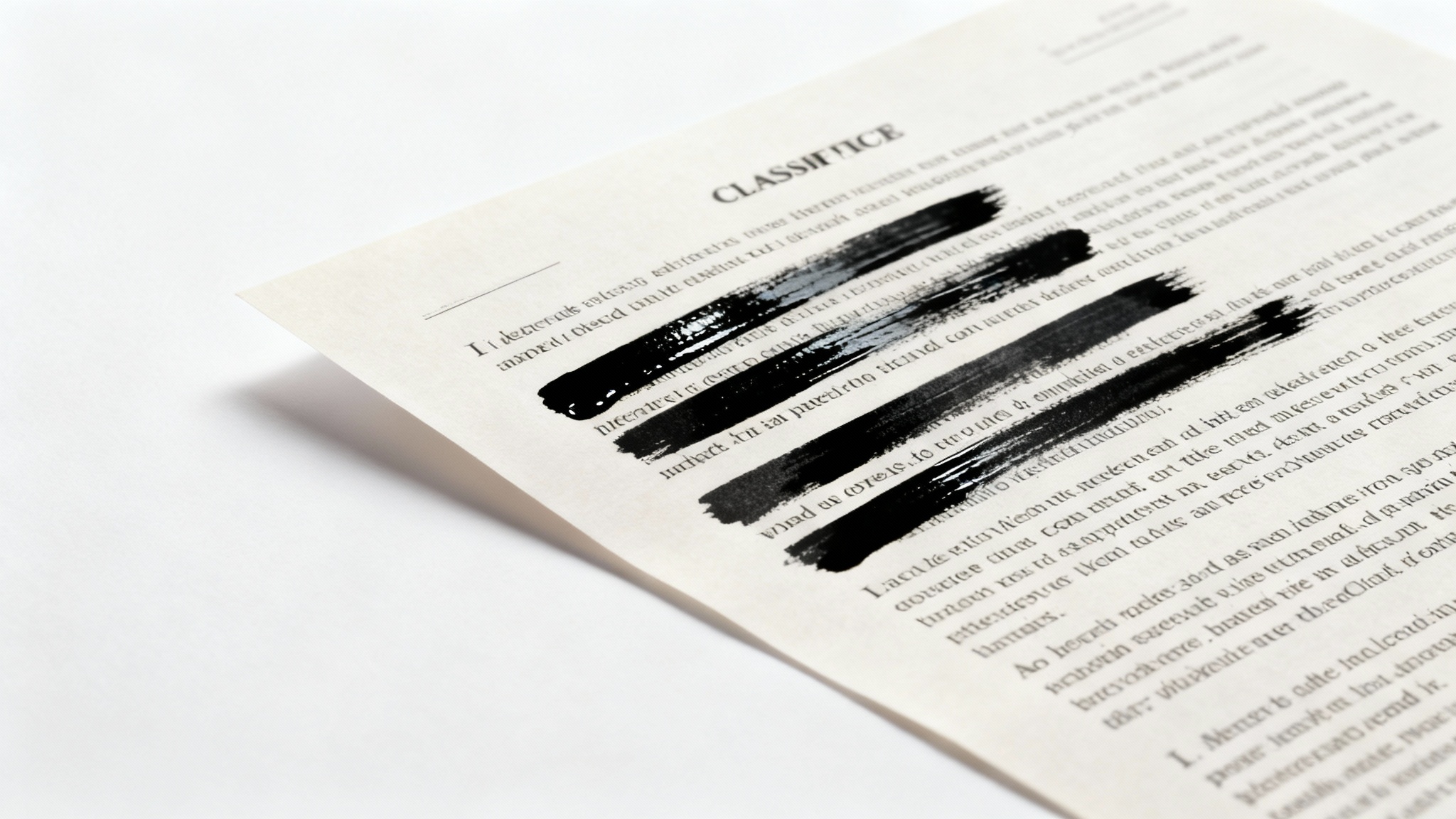 A close-up photograph of a printed document with several lines of text heavily censored with thick black ink, symbolizing the redaction of sensitive information.
