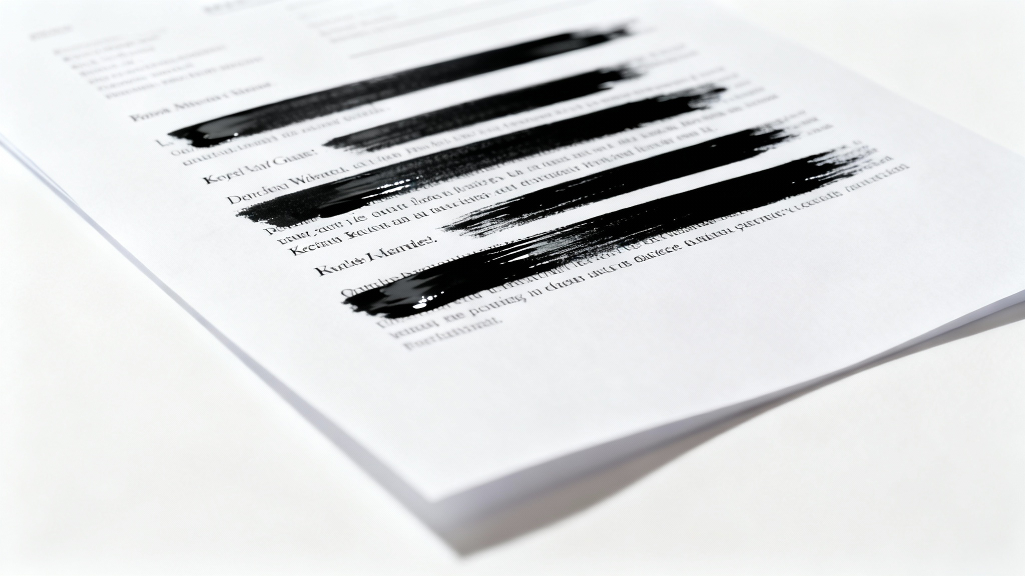 A close-up, professional photograph of a document with several lines of text redacted with black marker, illustrating the concept of redacting sensitive information.