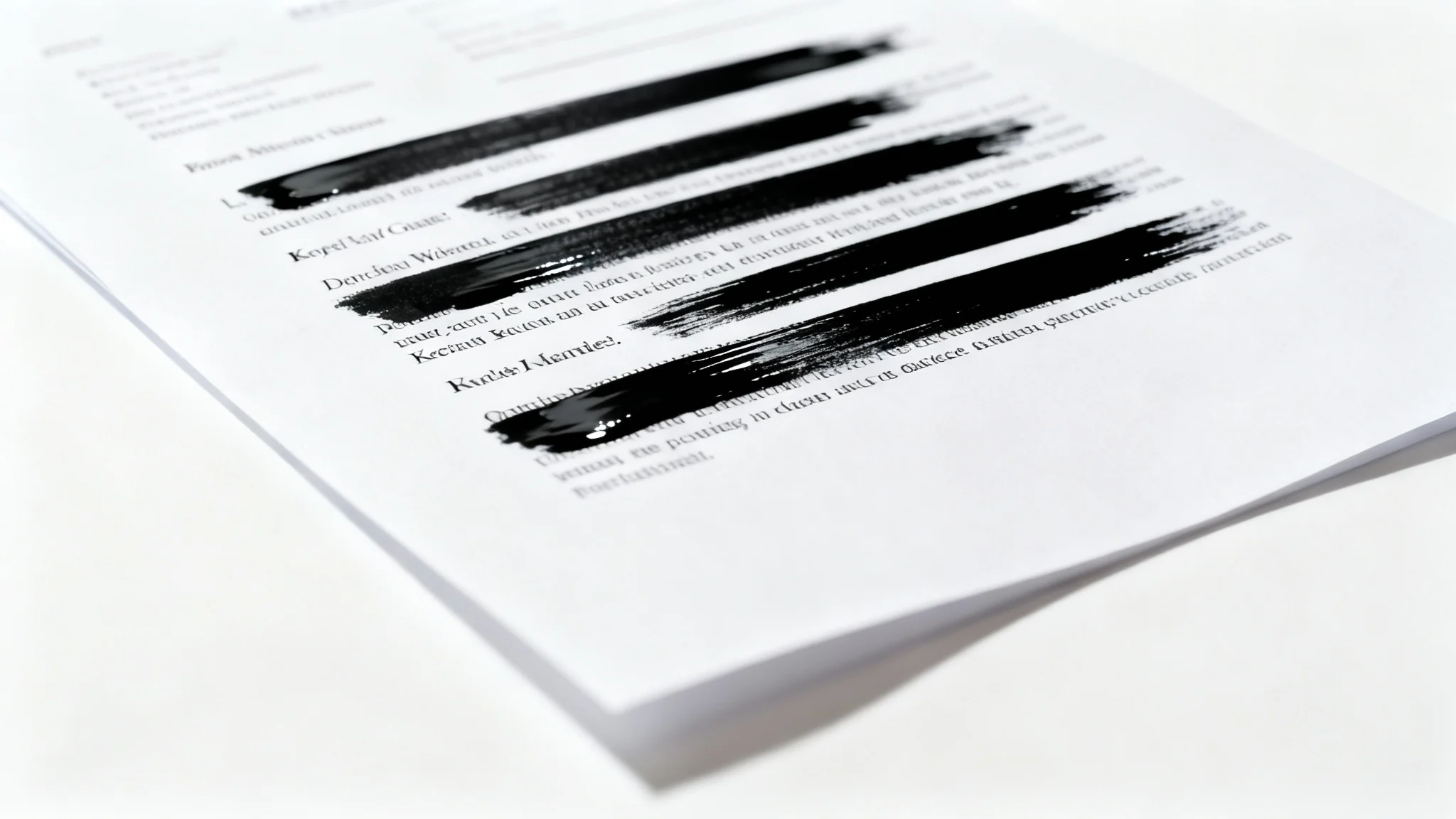 A close-up, professional photograph of a document with several lines of text redacted with black marker, illustrating the concept of redacting sensitive information.