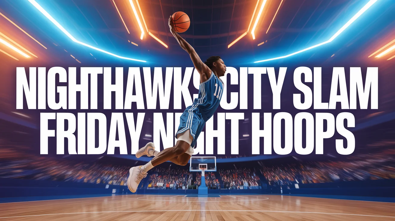 A dynamic 16:9 sports banner for a basketball event, featuring a player dunking. The text 'NIGHTHAWKS CITY SLAM' is displayed in bold, modern font with blue and orange graphic elements.