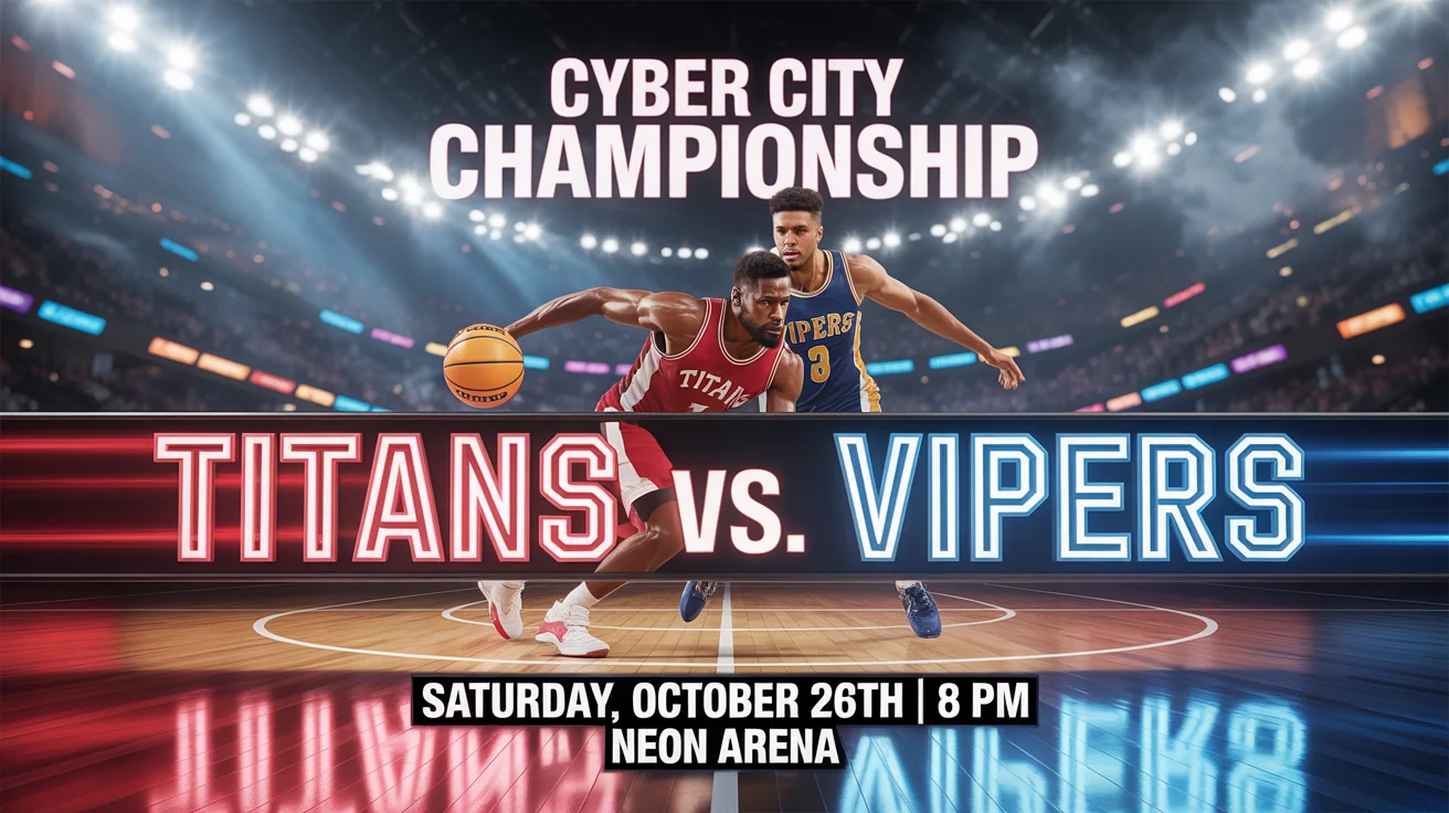 A mockup of a professionally designed basketball championship banner, featuring two players in action and event details for the 'Cyber City Championship'.