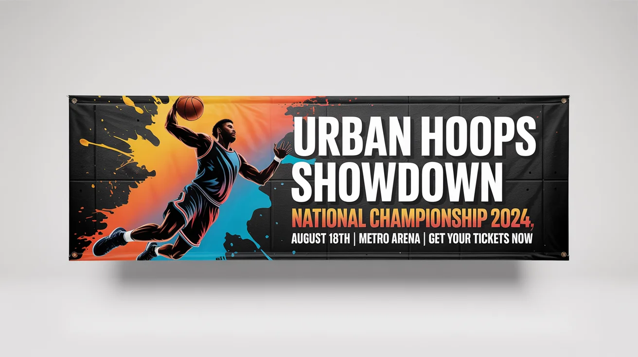 A professional mockup of a horizontal sports banner for a basketball championship, featuring a player dunking and the text 'URBAN HOOPS SHOWDOWN, NATIONAL CHAMPIONSHIP 2024'.