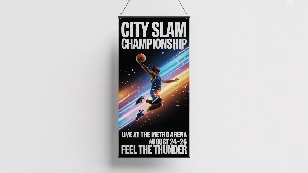 A horizontal sports banner mockup for a basketball event called 'City Slam Championship', featuring a dynamic player dunking against a vibrant, abstract background.