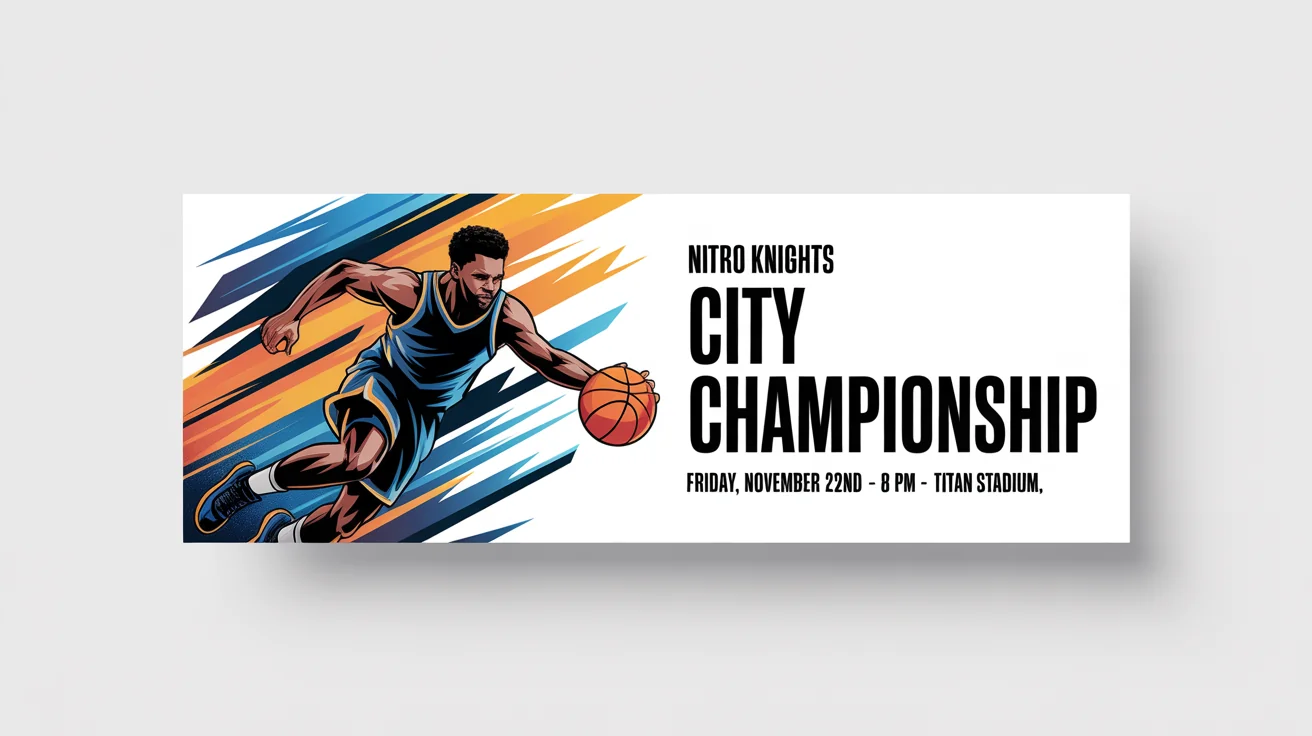 A mockup of a horizontal sports banner for a basketball championship game, featuring a player dunking and text for the 'Nitro Knights' team at 'Titan Stadium'. The banner is displayed on a white background.