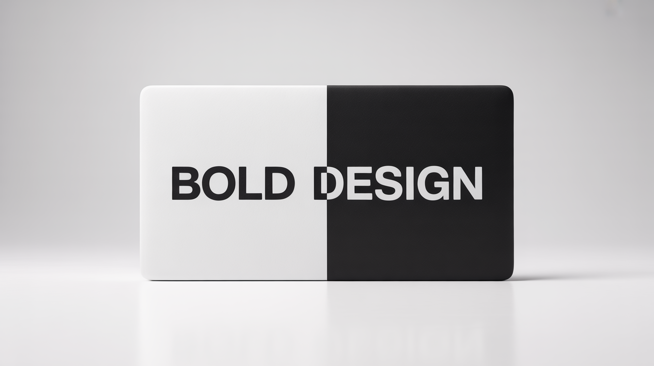 A graphic design demonstrating color inversion. A rectangle is split into a white half and a black half. On the white half, the word 'BOLD' is written in black text. On the black half, the word 'DESIGN' is written in white text.