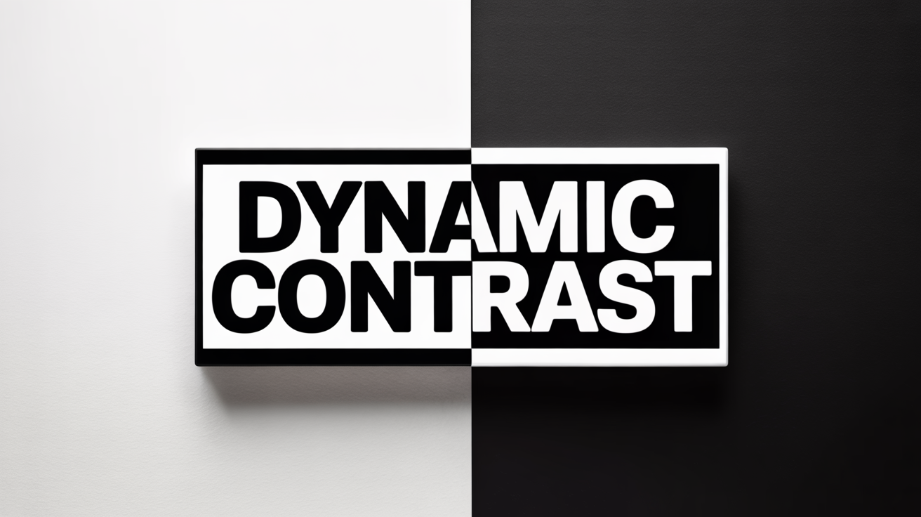 A graphic demonstrating text color inversion. A rectangle is split diagonally, showing the headline 'DYNAMIC CONTRAST' in black text on a white background on one side, and in white text on a black background on the other.