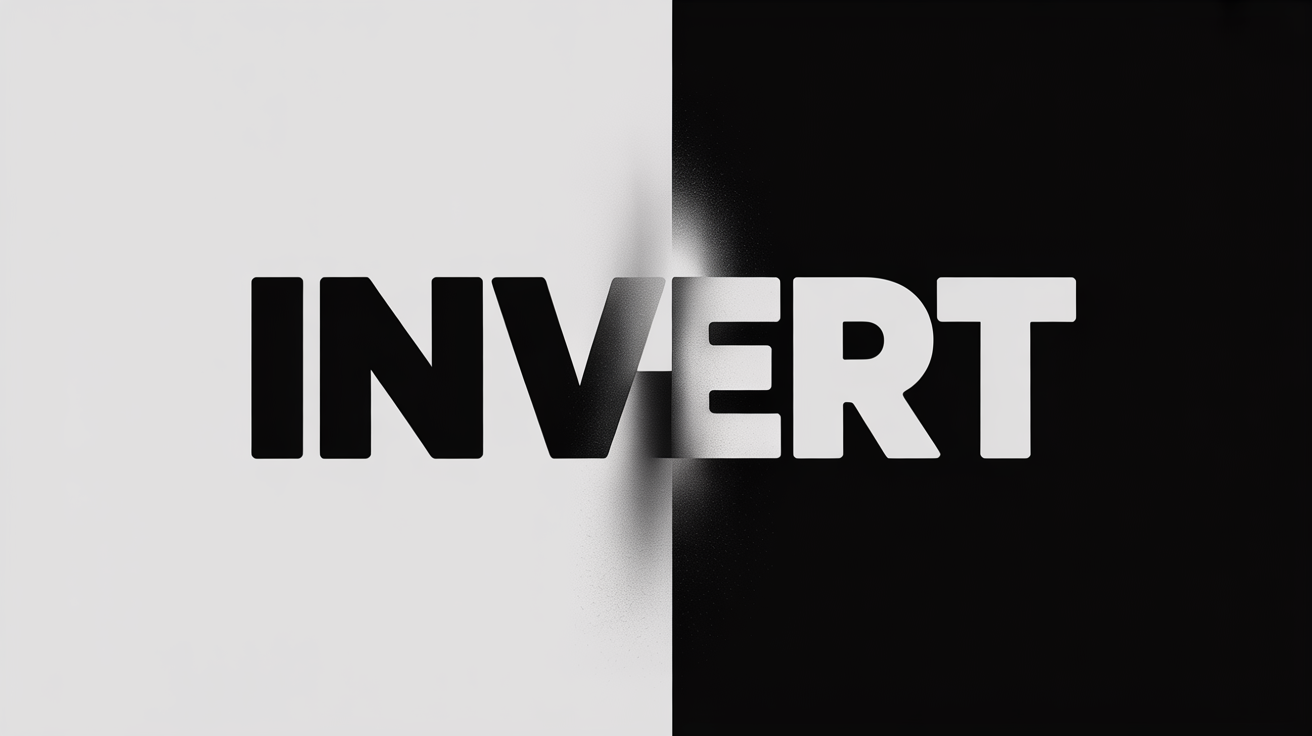 A graphic design mockup showing the word 'INVERT' split in two. The left side is black text on a white background, and the right side is white text on a black background, illustrating the concept of inverting text colors.
