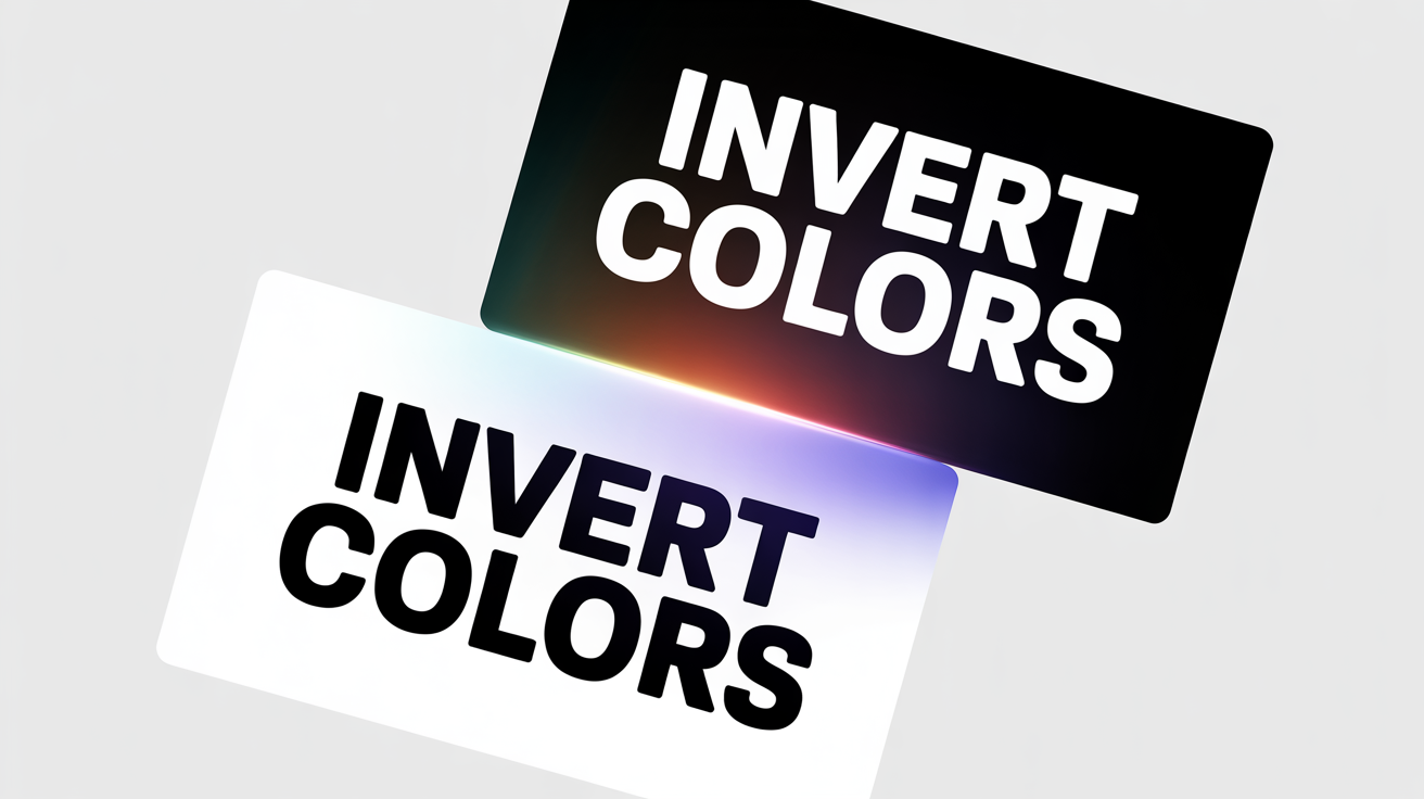A graphic illustrating the 'invert colors' feature. The image is split diagonally, showing the words 'INVERT COLORS' in black on a white background on one side, and the same words in white on a black background on the other.
