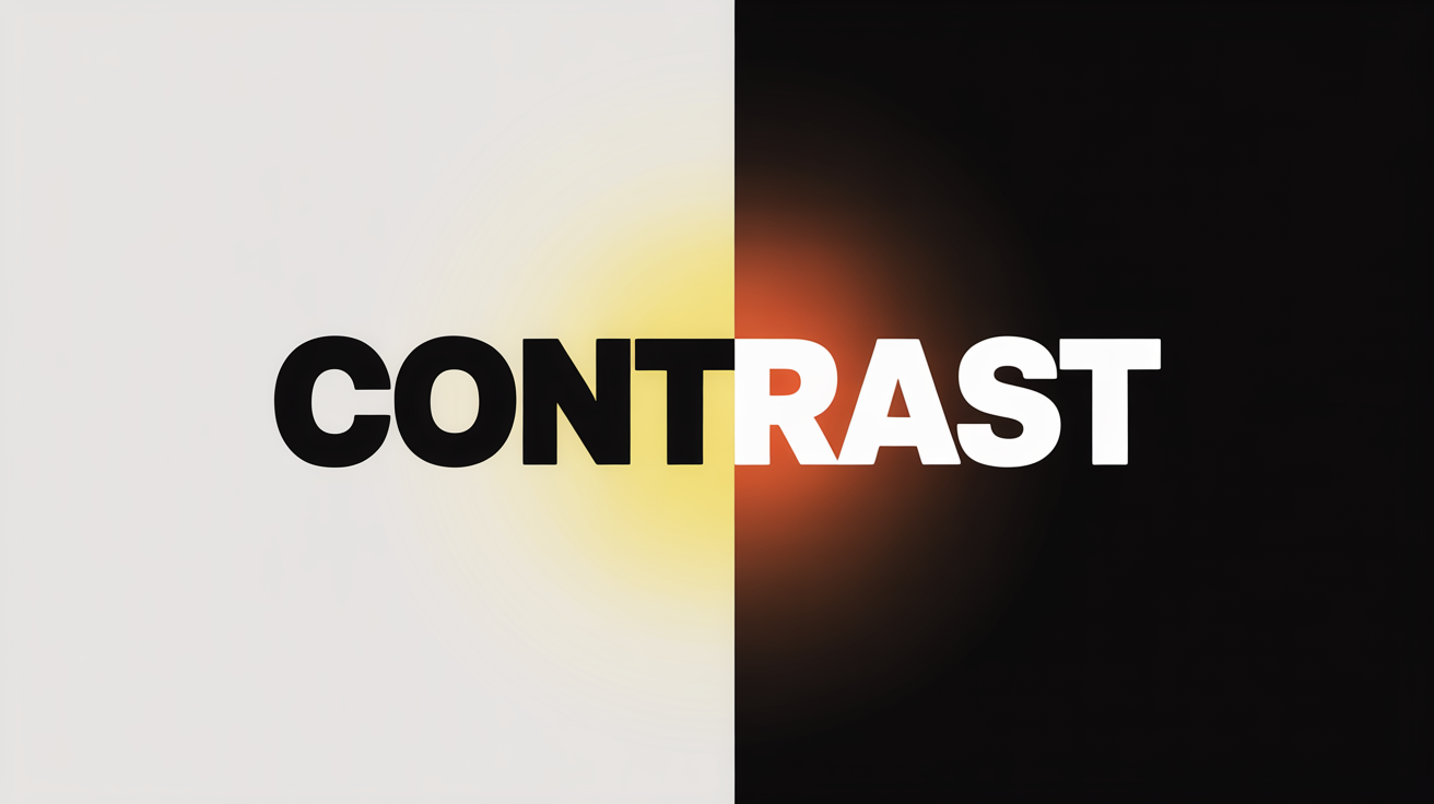 A graphic design demonstrating color inversion. The word 'CONTRAST' is shown twice, side-by-side. The left version is black text on a white background, and the right version is the inverse: white text on a black background.