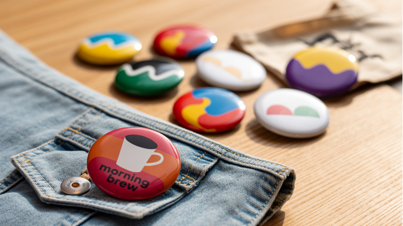 A professional mockup of several custom button badges in a hero image layout. One badge is pinned to a denim jacket, another to a tote bag, and others are on a light wooden table, showcasing their glossy finish and modern graphic designs.