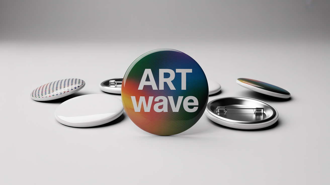 A collection of customizable button badges of different sizes arranged on a white surface. The largest badge in the center has a colorful design with the text 'ART WAVE'.
