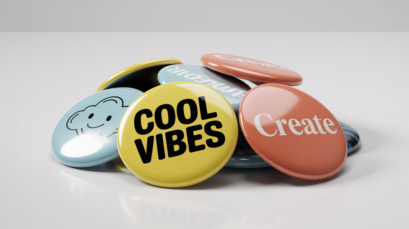 A photorealistic mockup of several glossy button badges with different designs and text, including 'COOL VIBES' and 'CREATE', arranged on a white background.